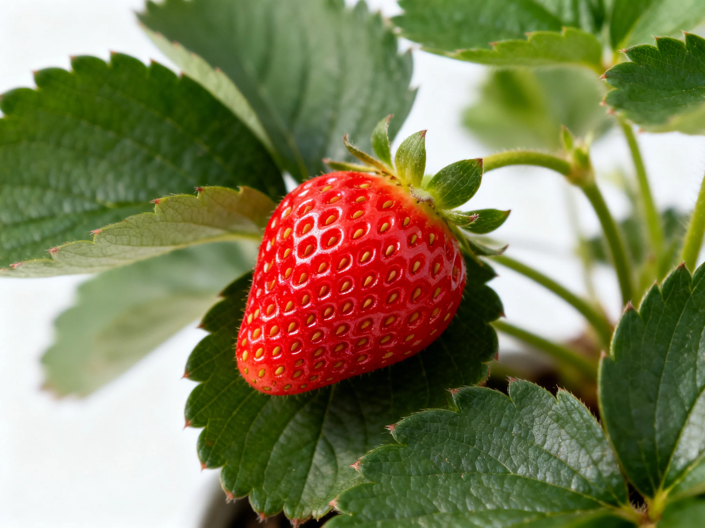 A vibrant red strawberry nestled among lush green leaves