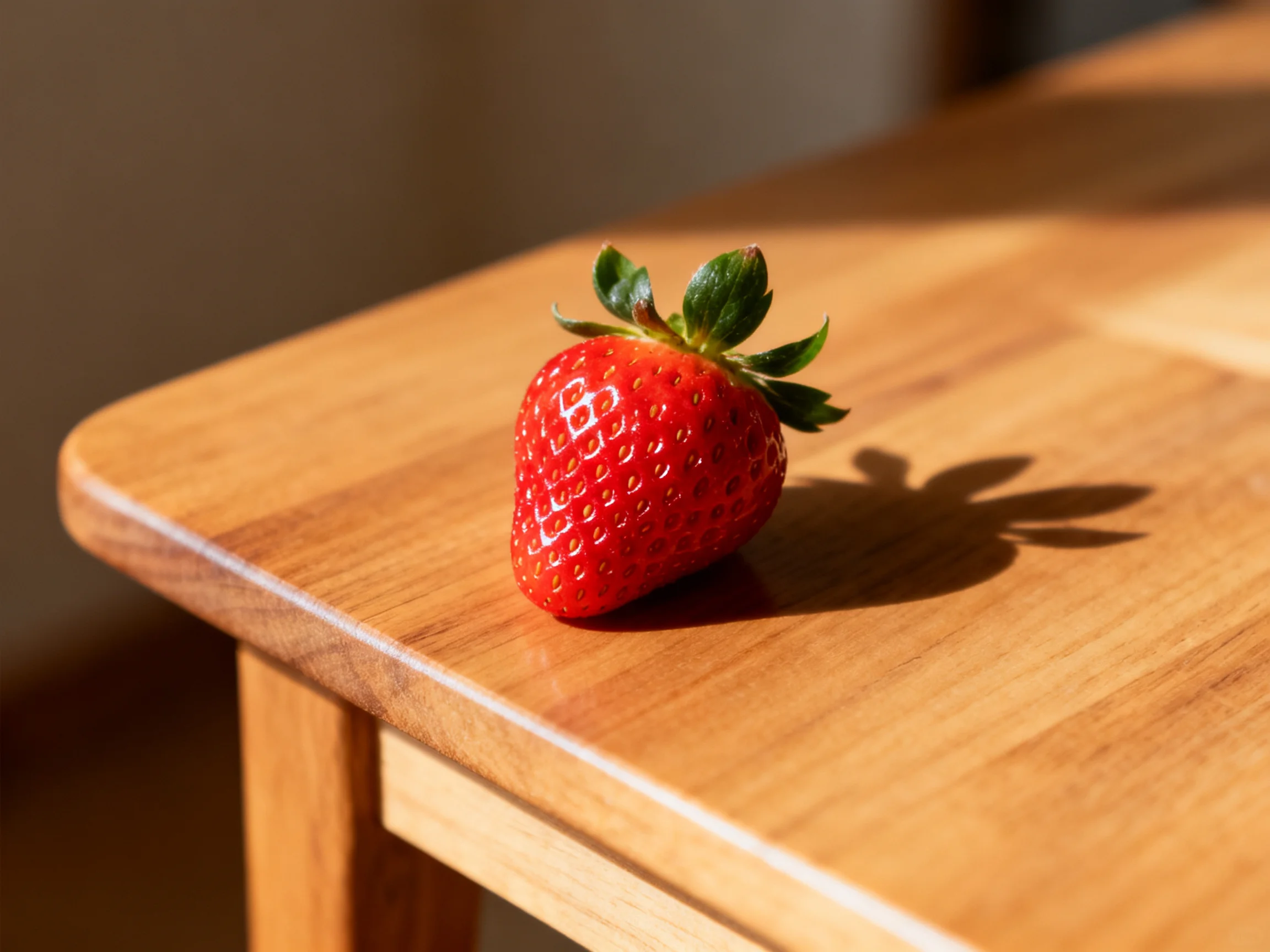 A vibrant red strawberry on a polished wooden table