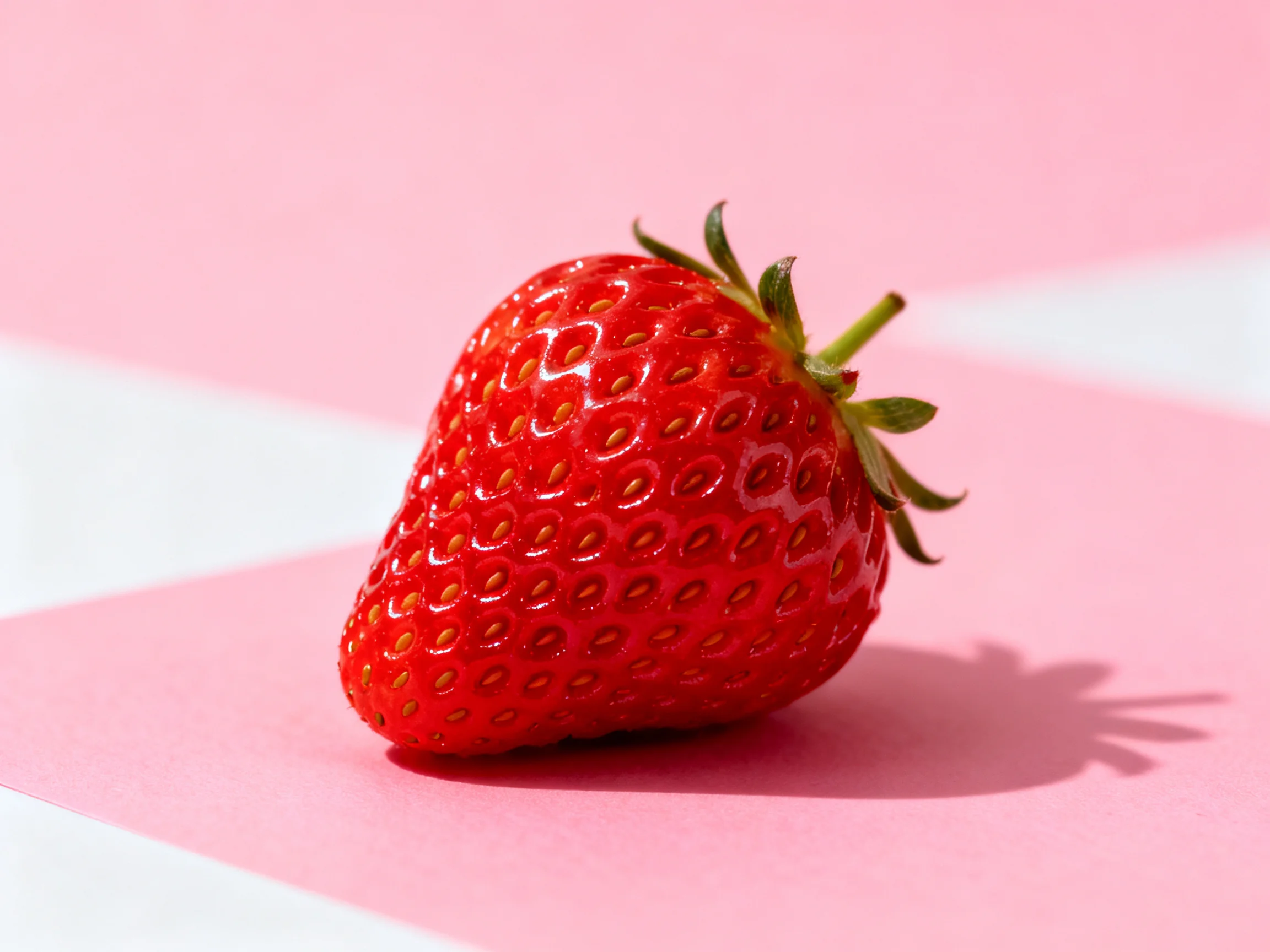 A vibrant red strawberry on a two-toned pink and white surface