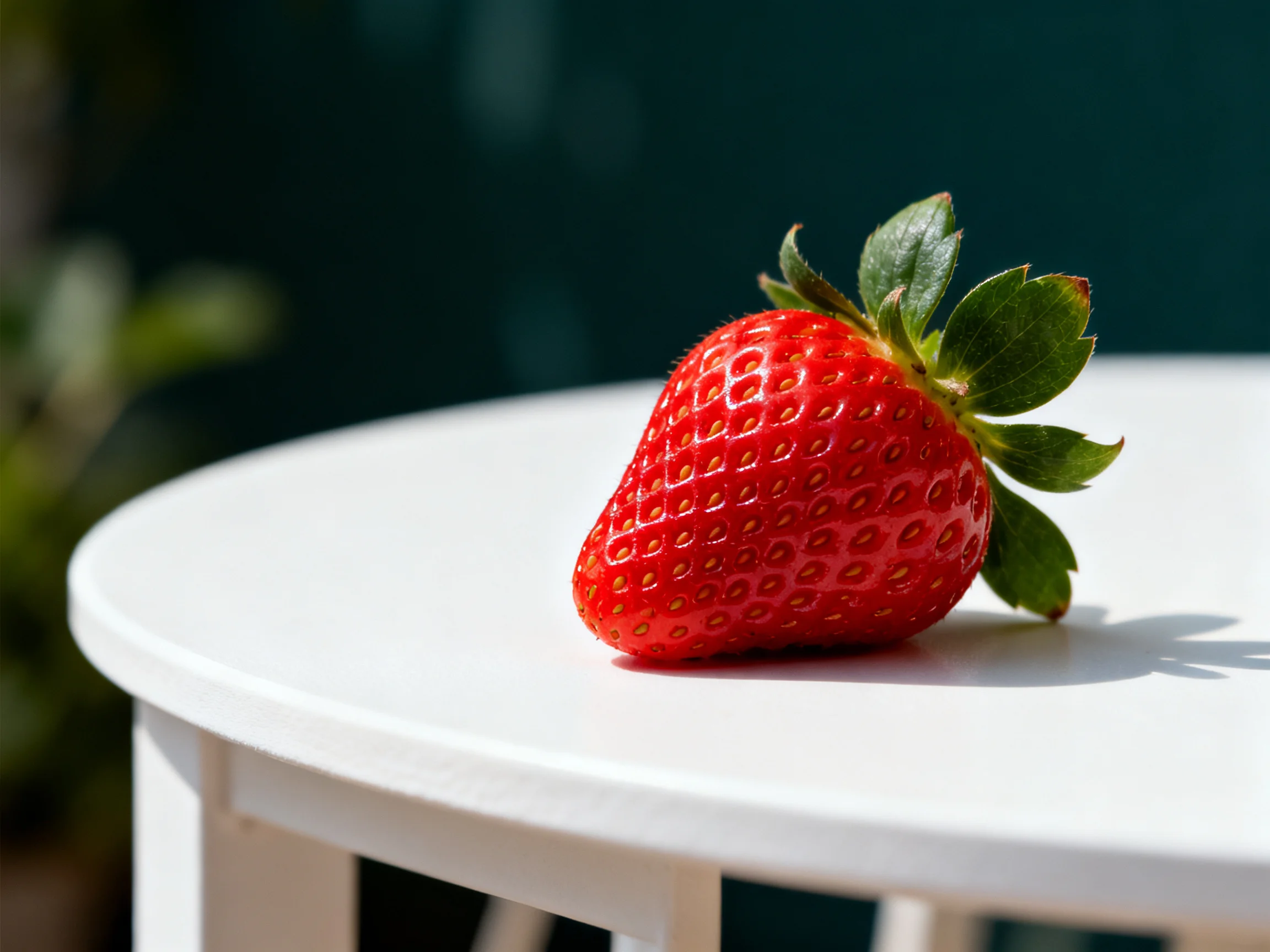 A vibrant red strawberry rests atop a smooth white round table
