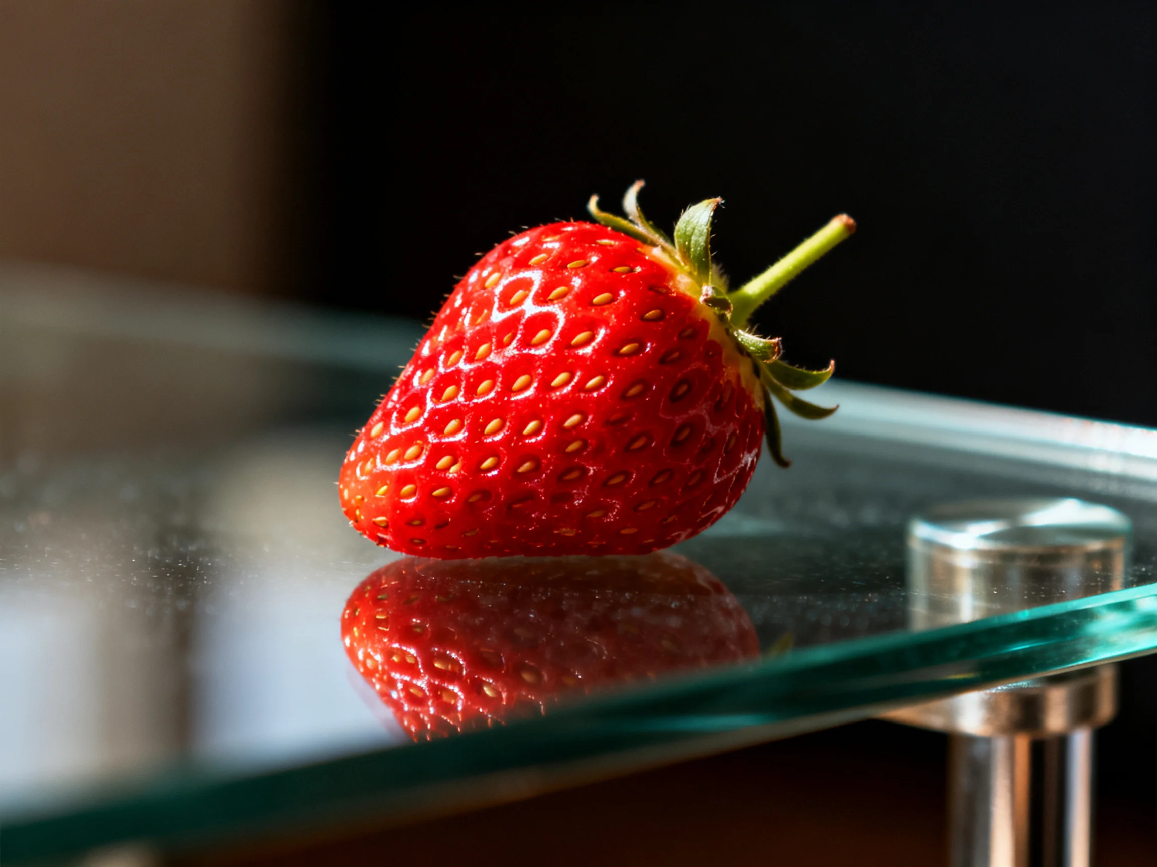 A vibrant red strawberry rests on a glossy glass surface