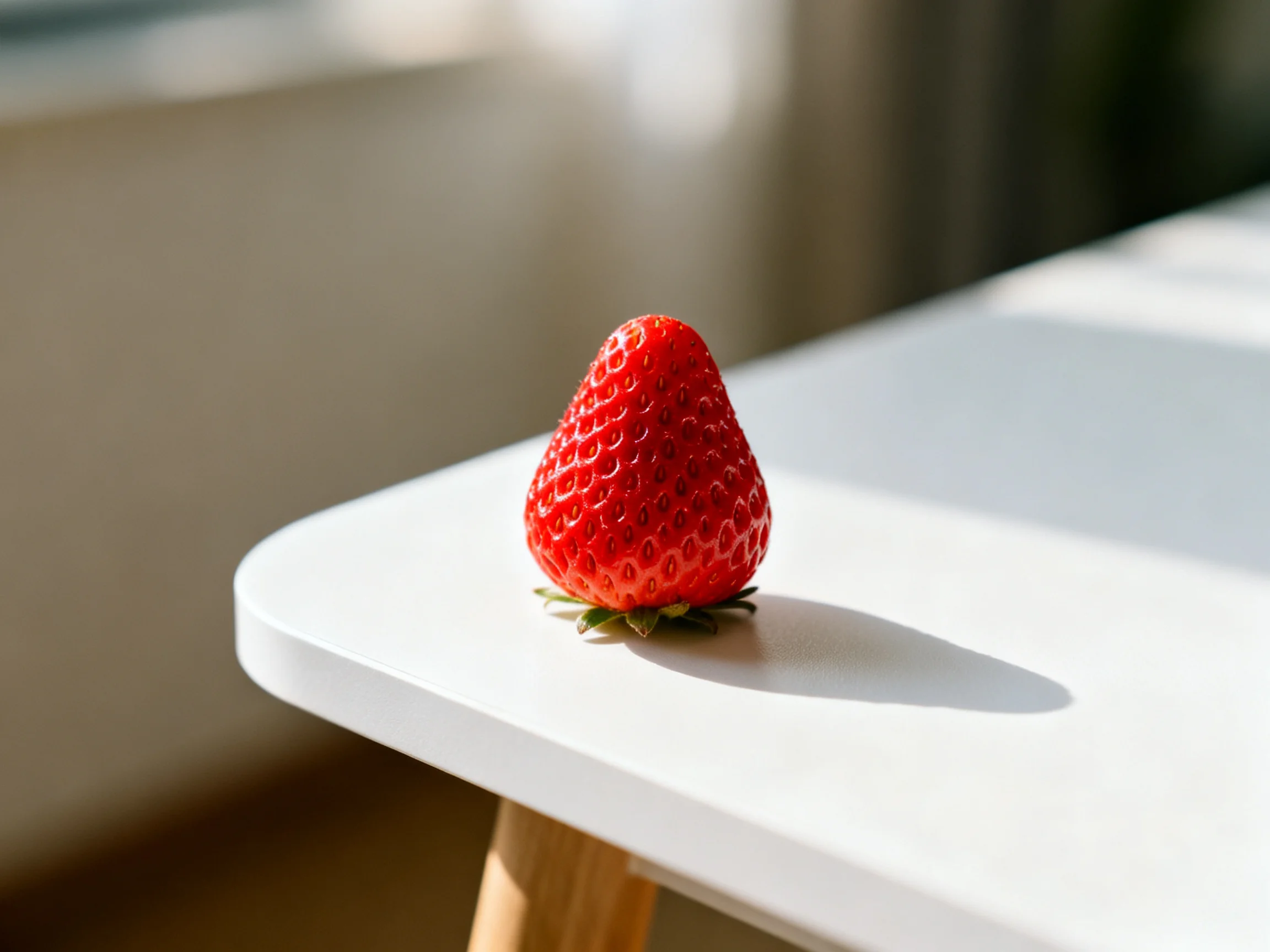 A vibrant red strawberry rests on a minimalist white table near natural light