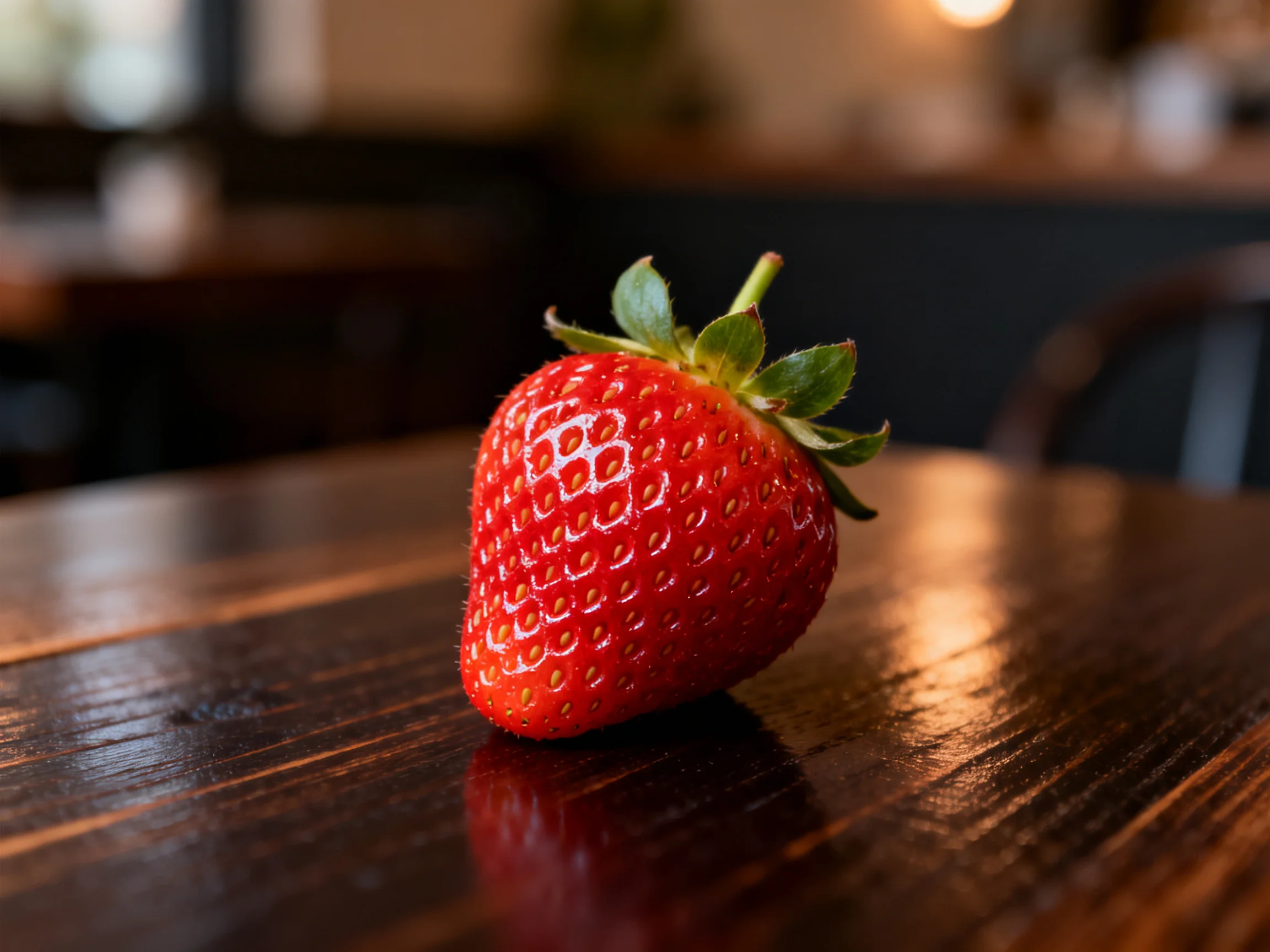 A vibrant red strawberry rests on a polished dark wood table.