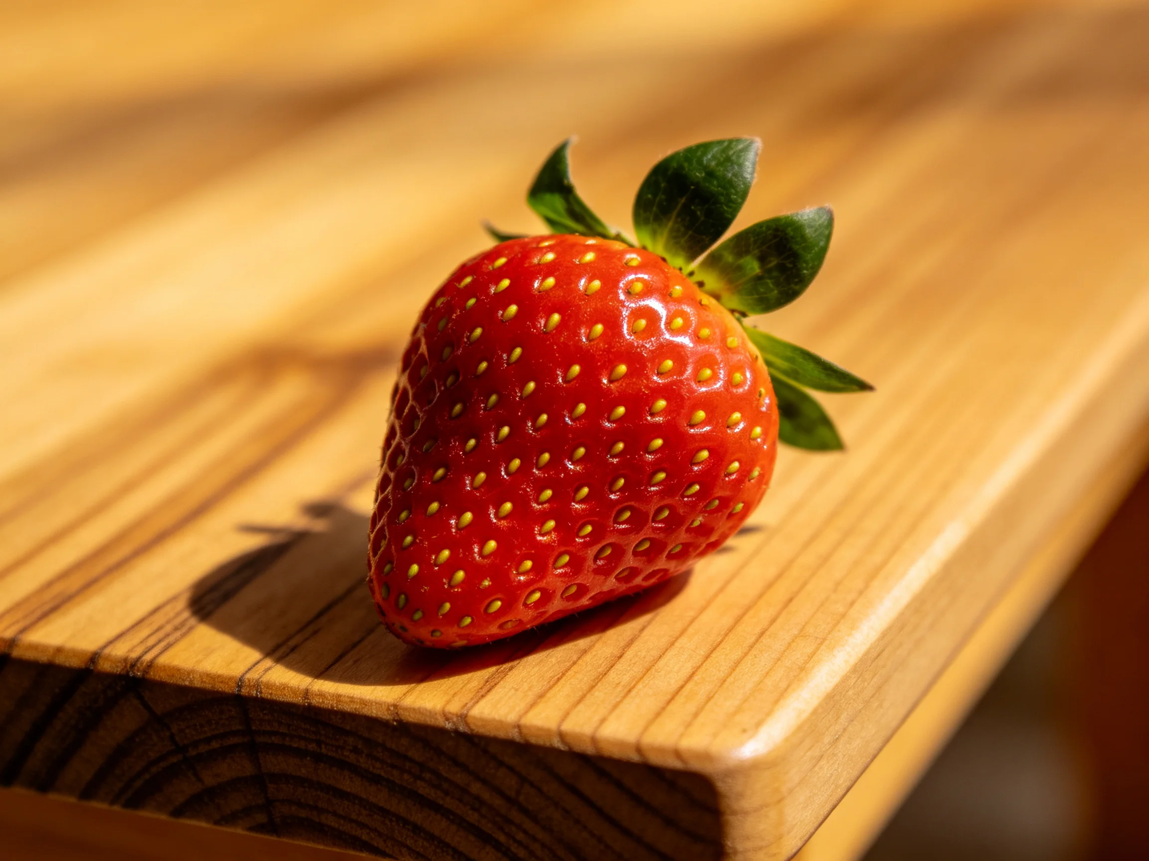 A vibrant red strawberry rests on a polished wooden board
