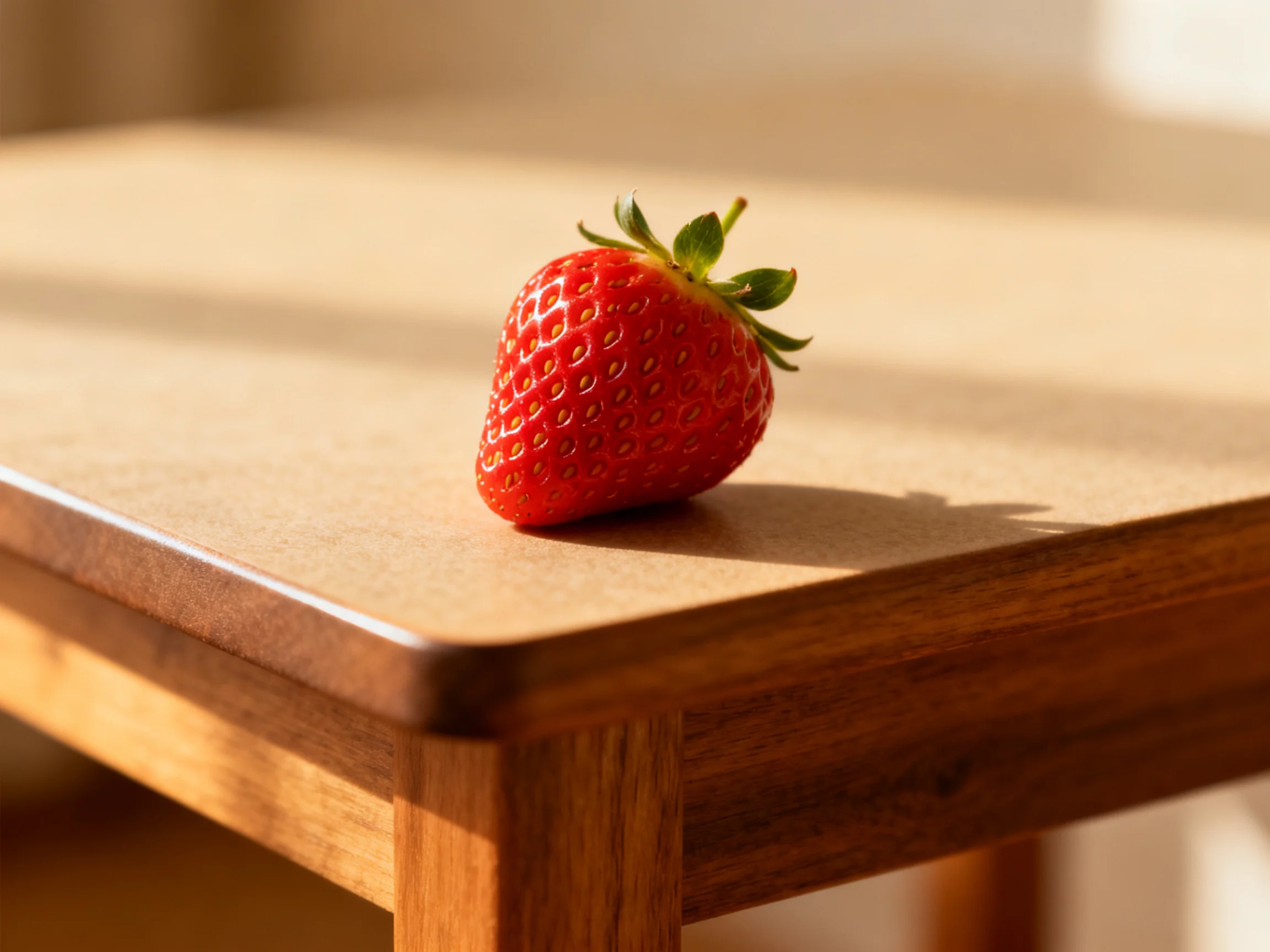 A vibrant red strawberry rests on a polished wooden table