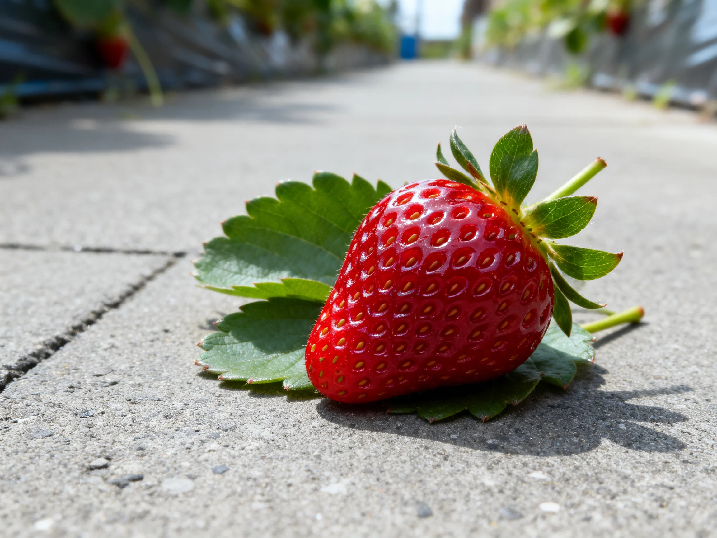 A vibrant red strawberry rests on green leaves on a concrete path