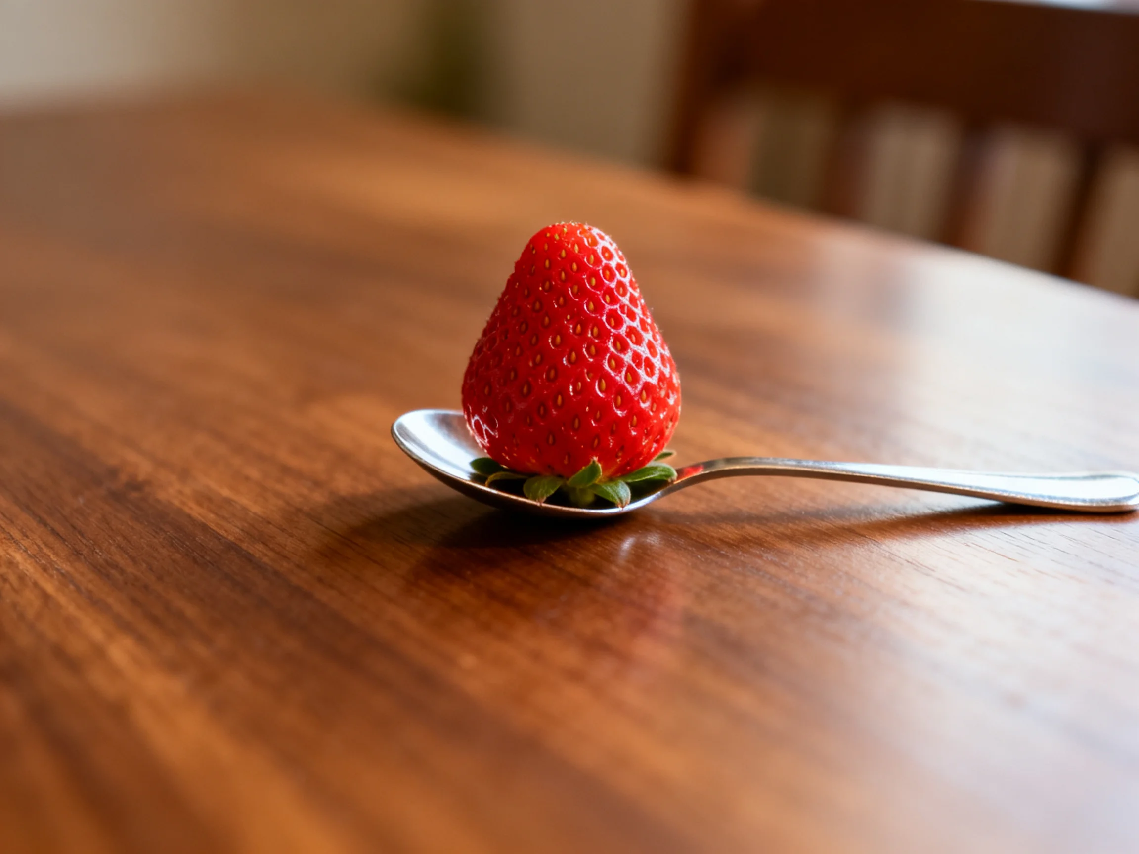 A strawberry is placed on a spoon resting on a wooden table.