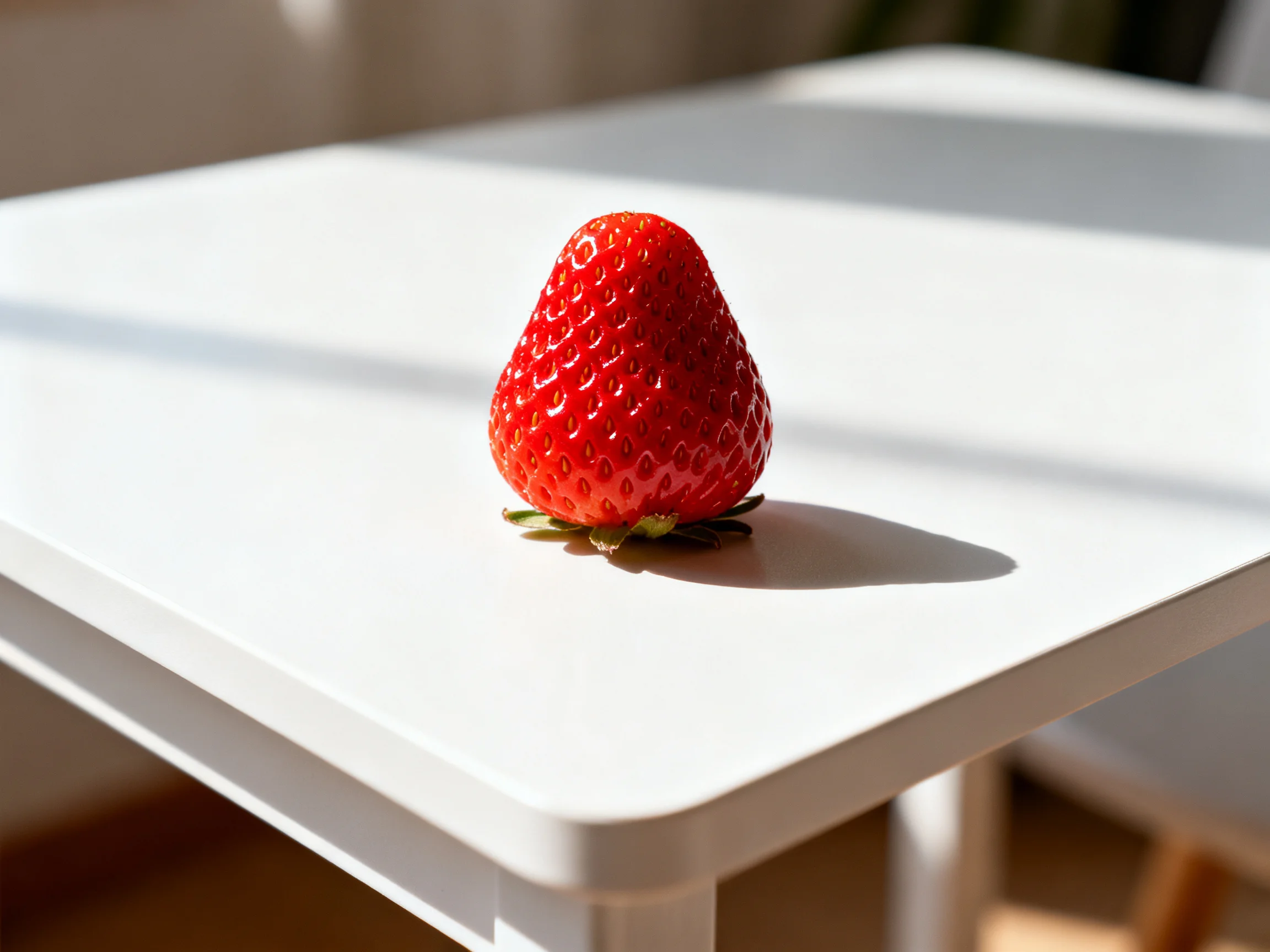 A vibrant red strawberry sits on a sleek white table