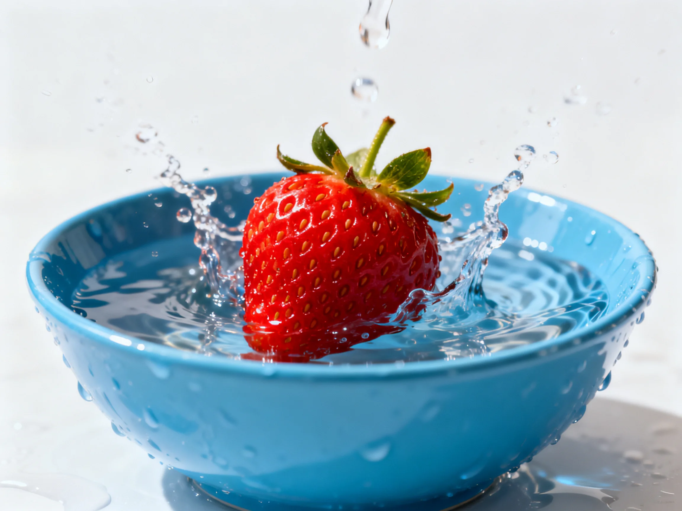 A vibrant red strawberry splashes into a bright blue bowl of water