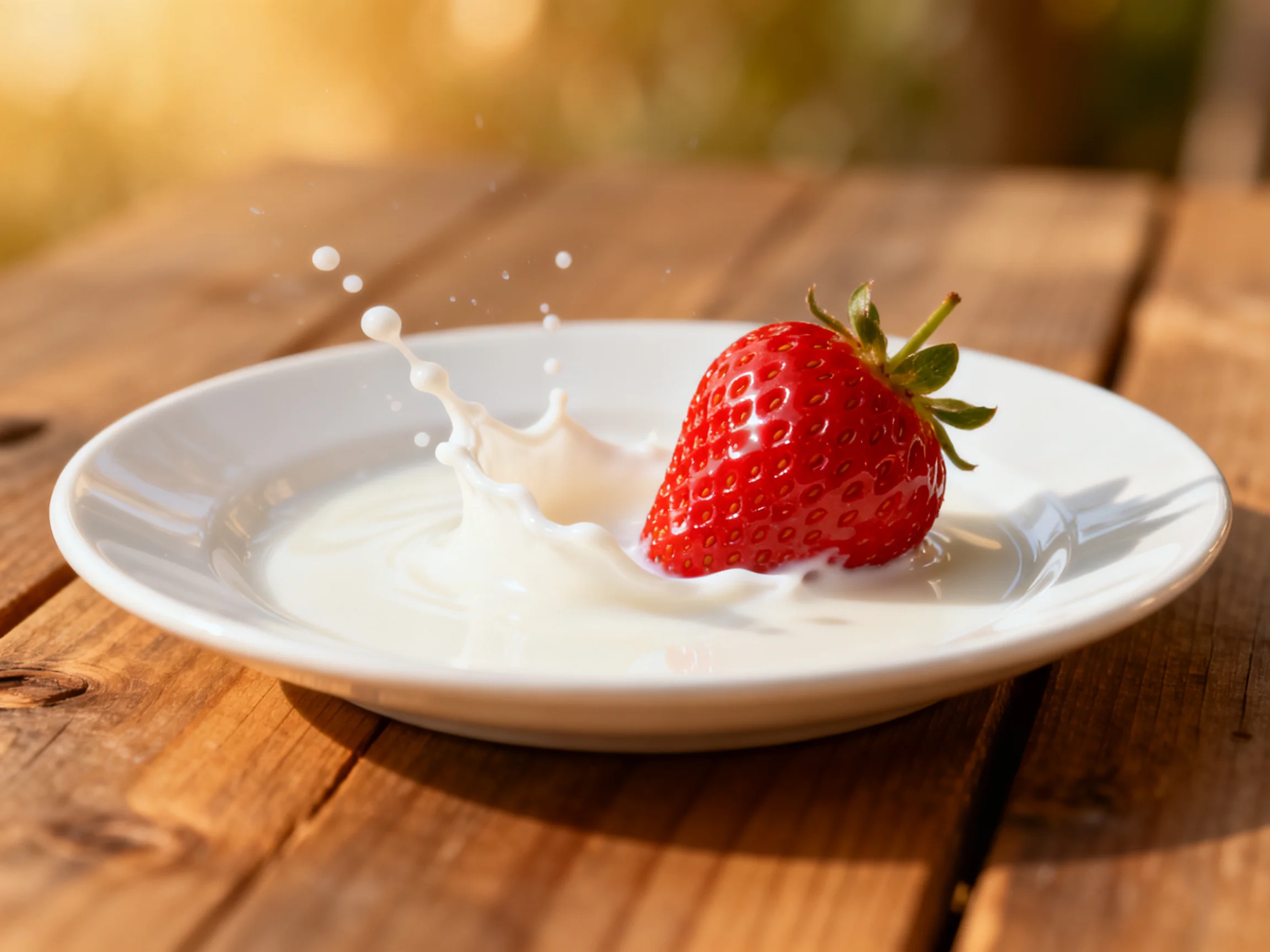 A vibrant red strawberry splashes into creamy milk on a white dish