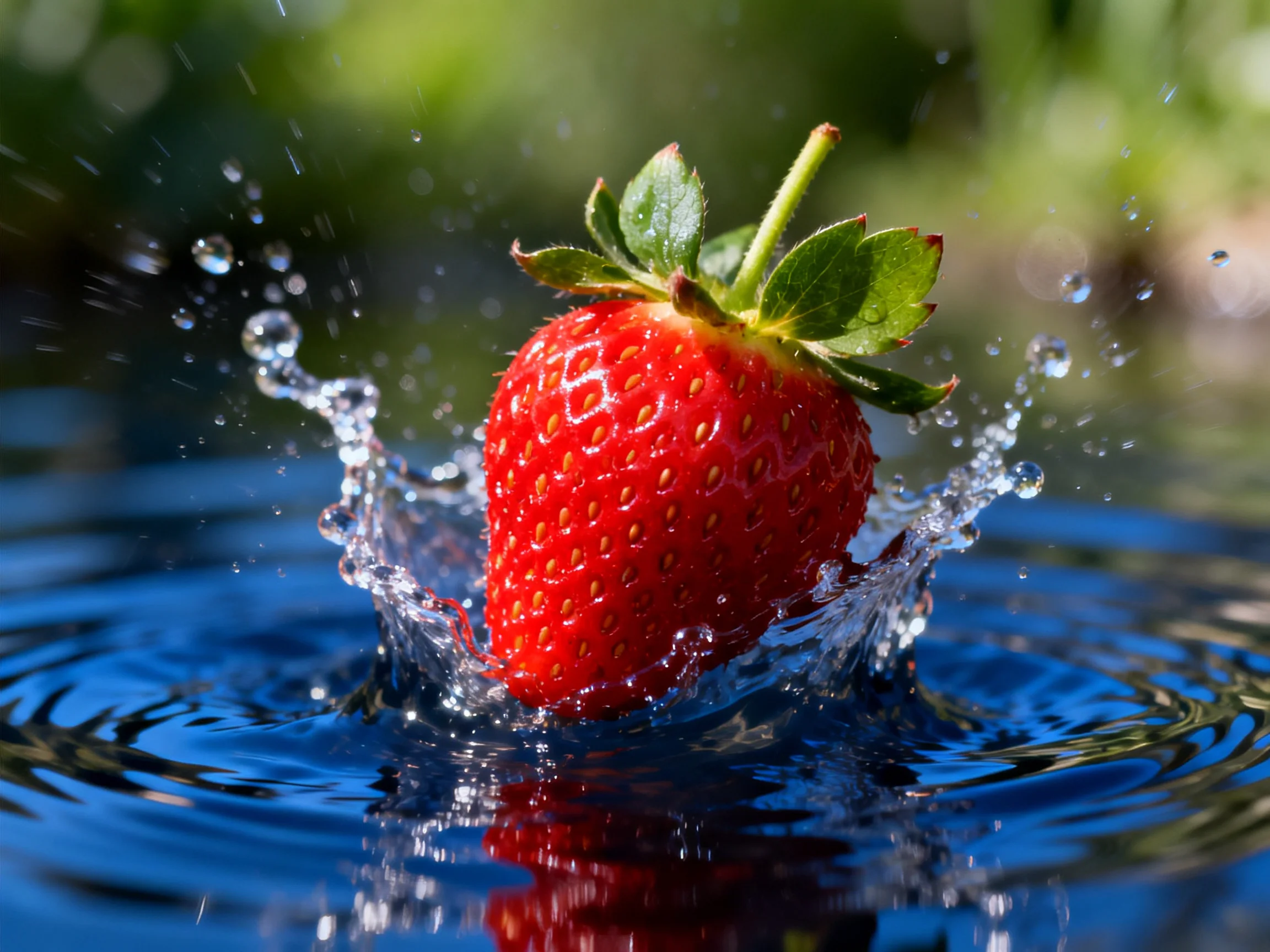 A vibrant red strawberry splashing into clear blue water