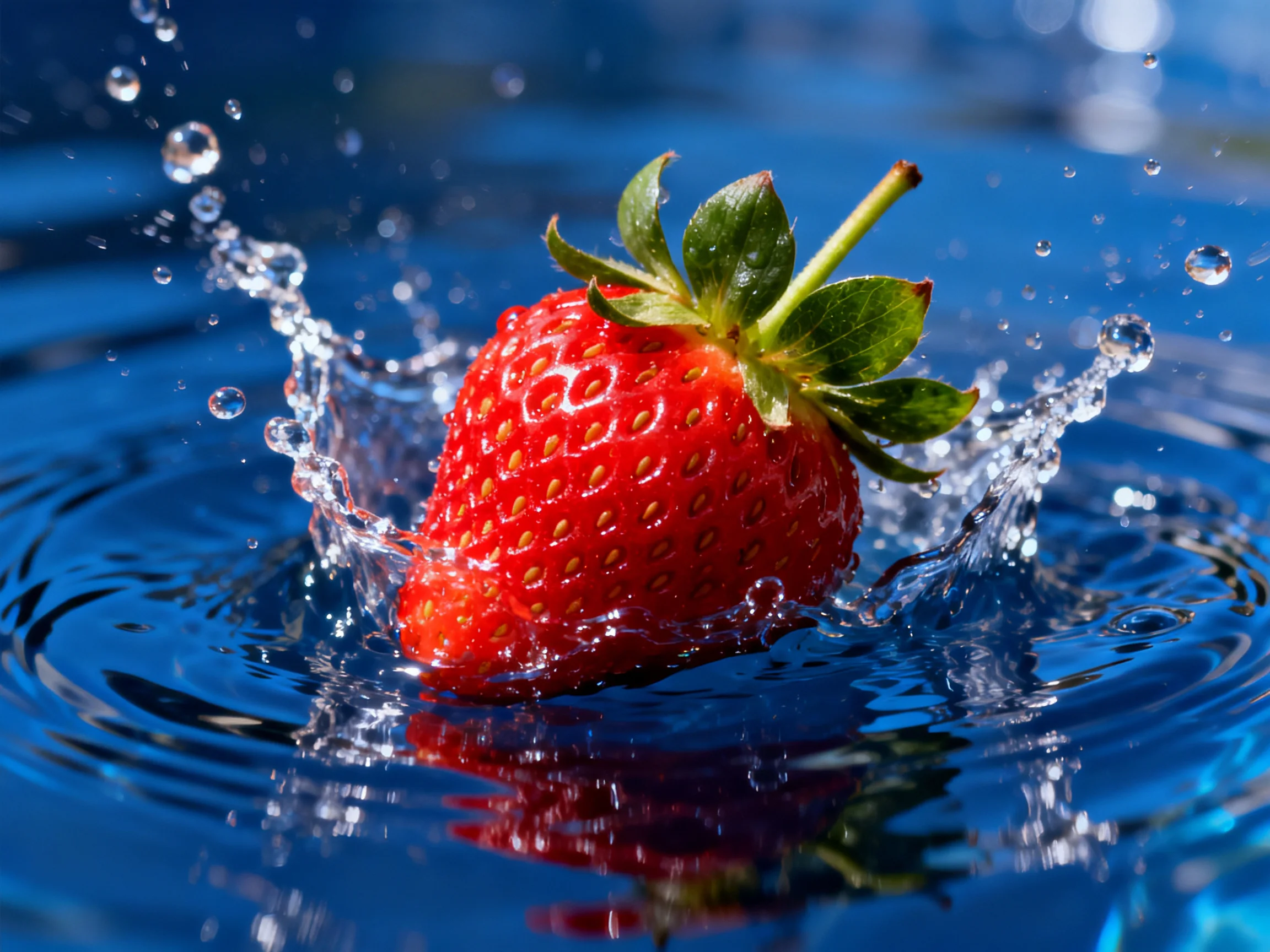 A vibrant red strawberry splashing into clear blue water