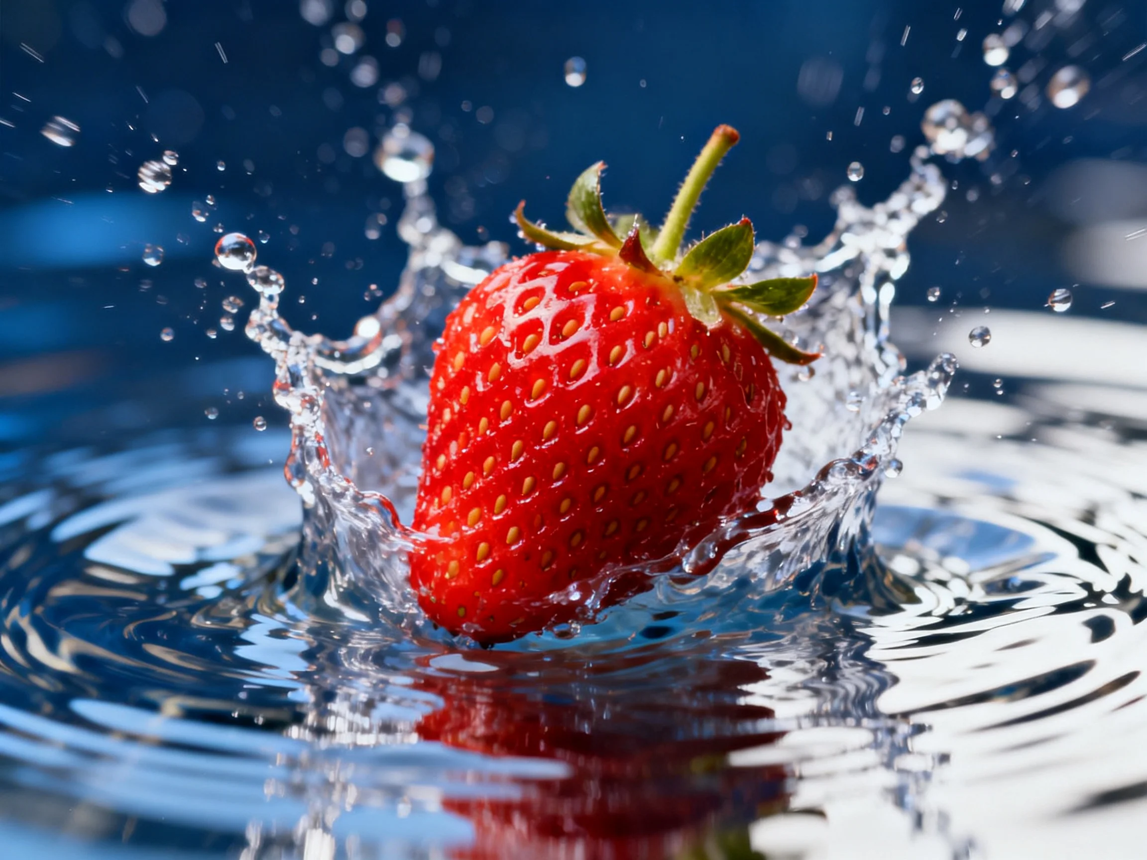 A vibrant red strawberry splashing into clear blue water