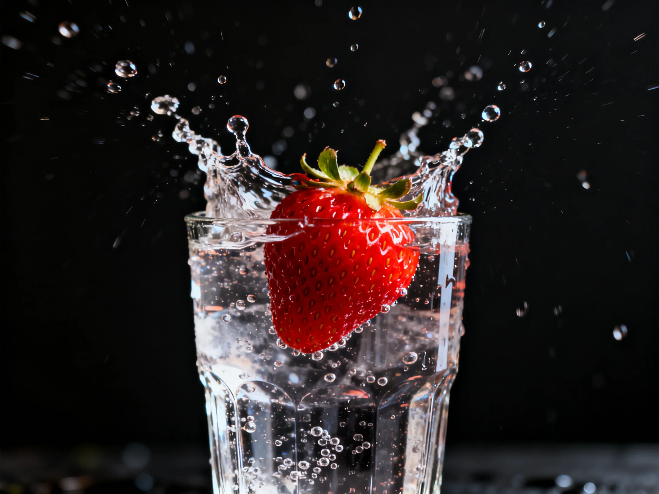 A vibrant red strawberry splashing into clear water in a glass