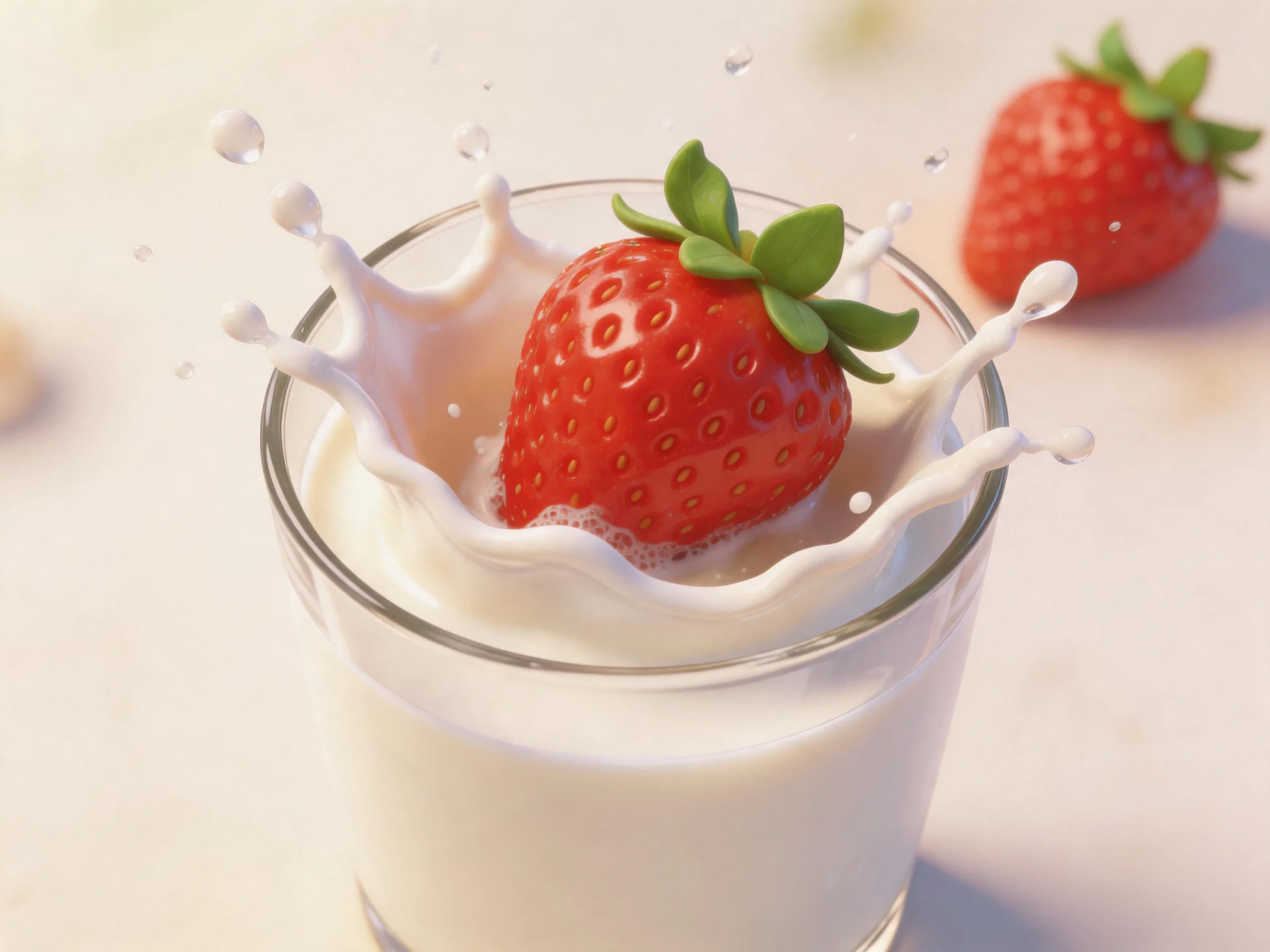 A vibrant red strawberry splashing into creamy white milk in a clear glass
