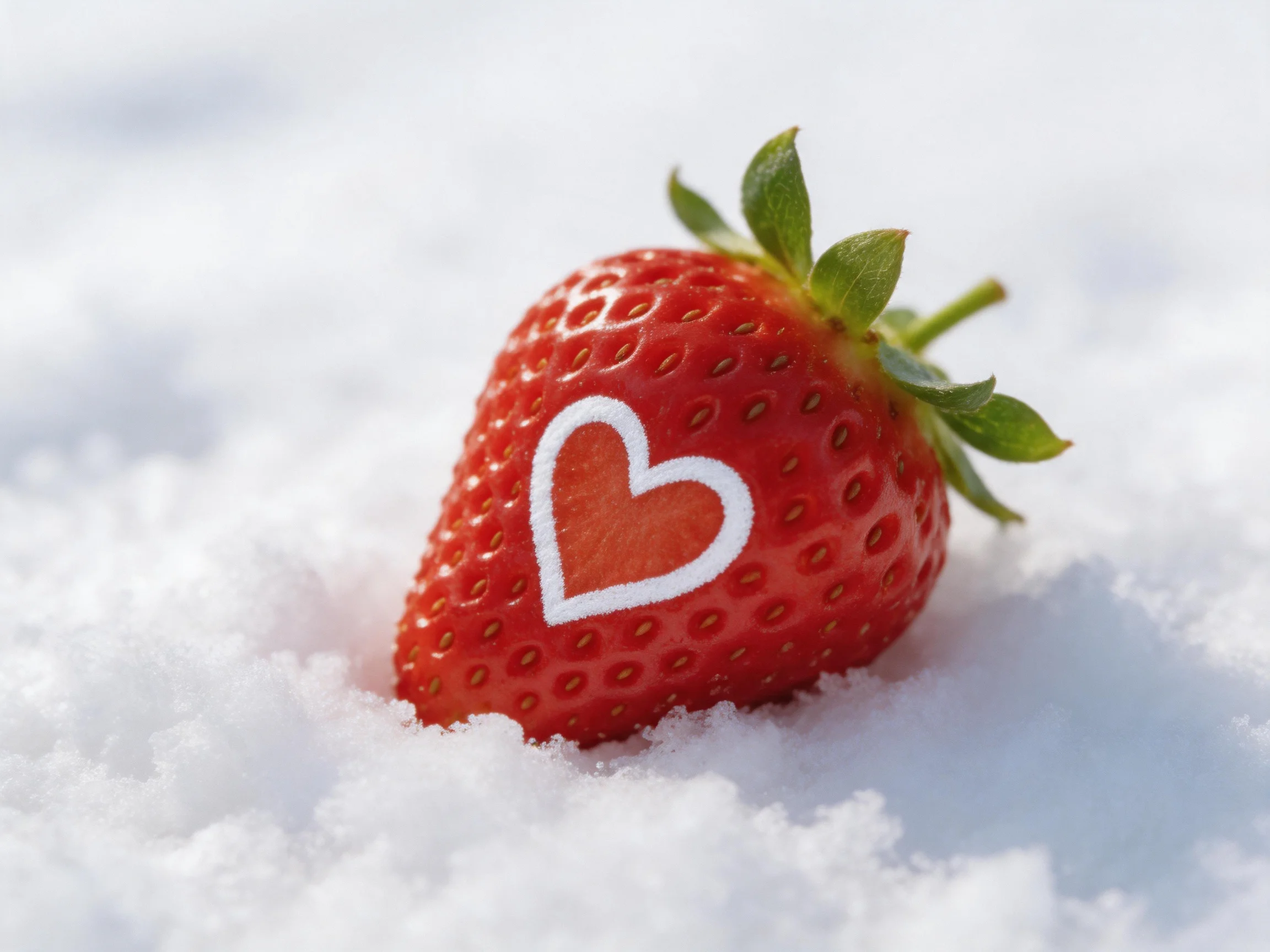 A vibrant red strawberry with a white heart lies on soft white snow