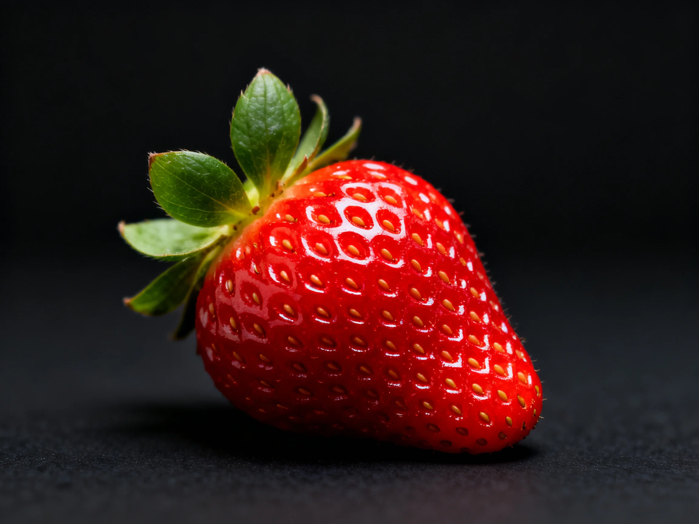 A vibrant red strawberry with fresh green leaves on a black backdrop