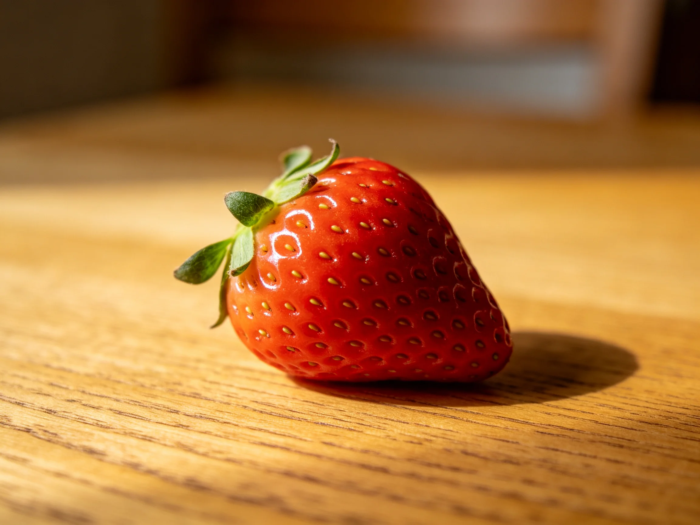 A vibrant red strawberry with fresh green leaves rests on a polished wooden surface.