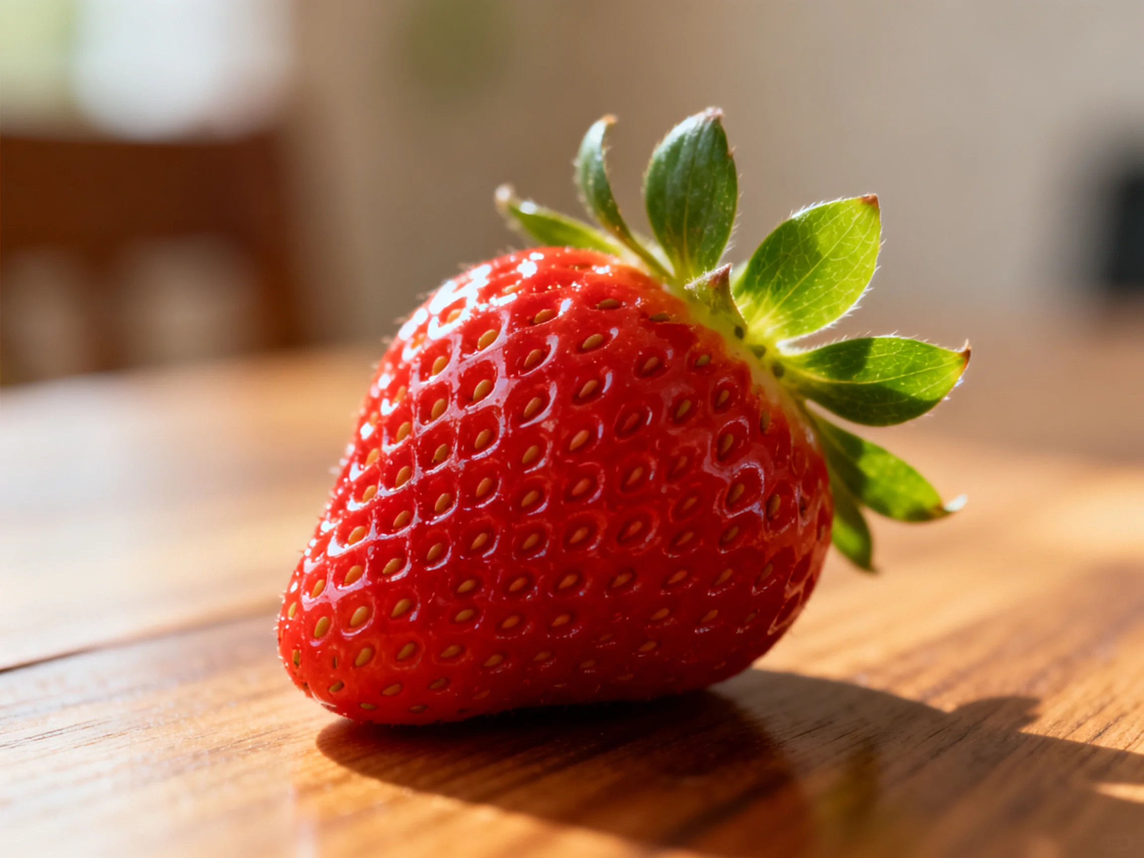 A vibrant red strawberry with fresh green leaves rests on a wooden surface.
