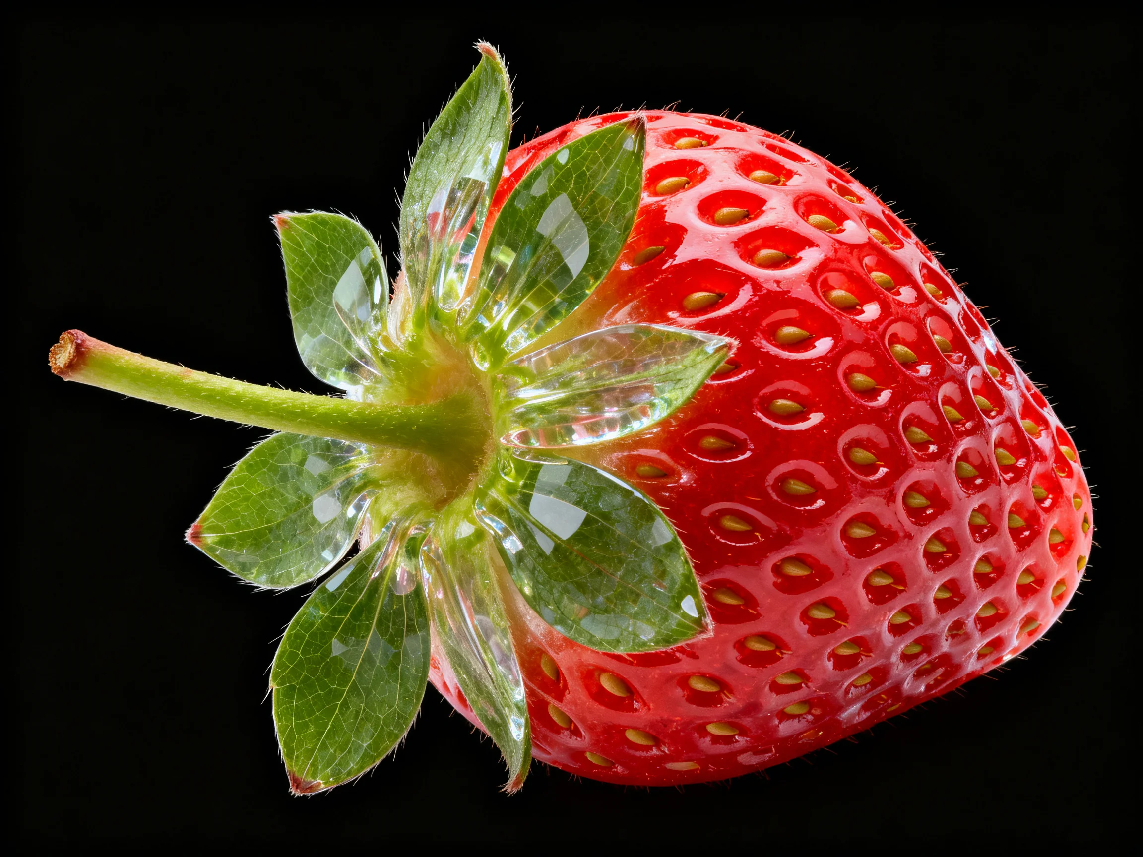 A vibrant red strawberry with glossy green foliage on a black background