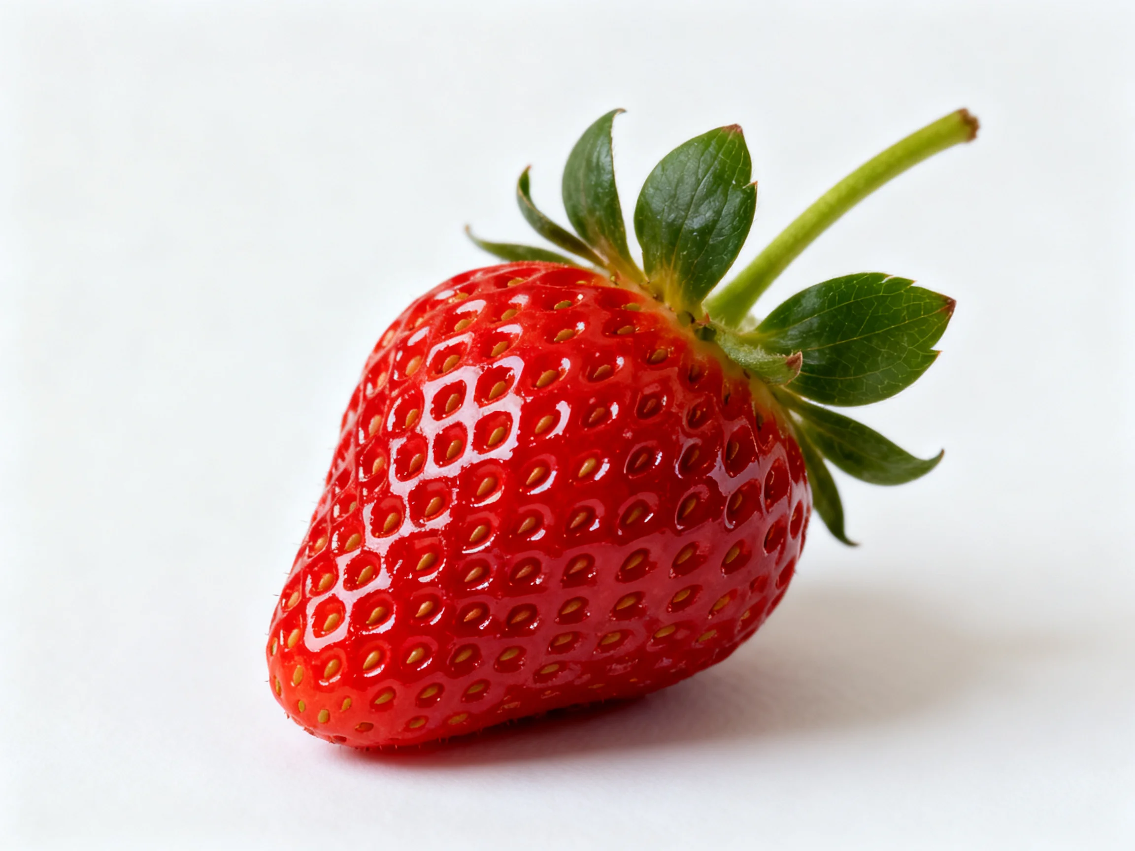 A vibrant red strawberry with glossy surface and green leaves