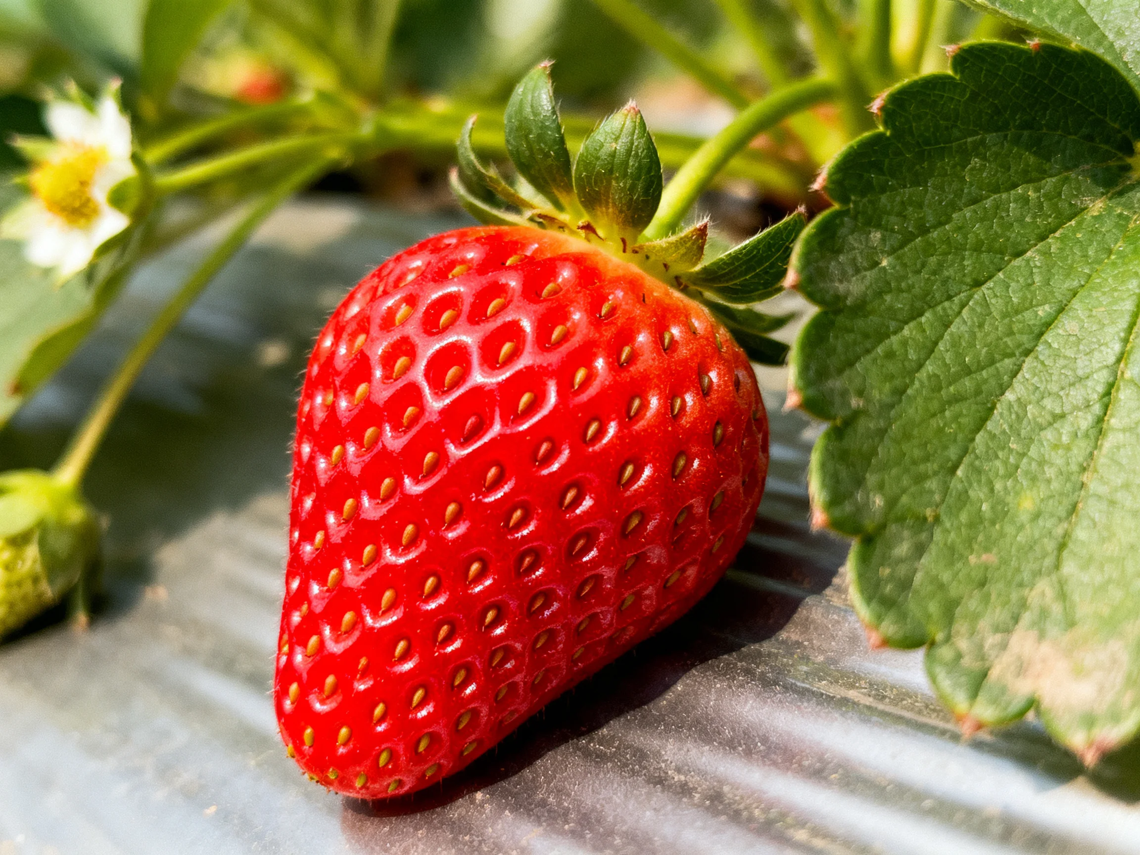 A vibrant red strawberry with green foliage and white blooms