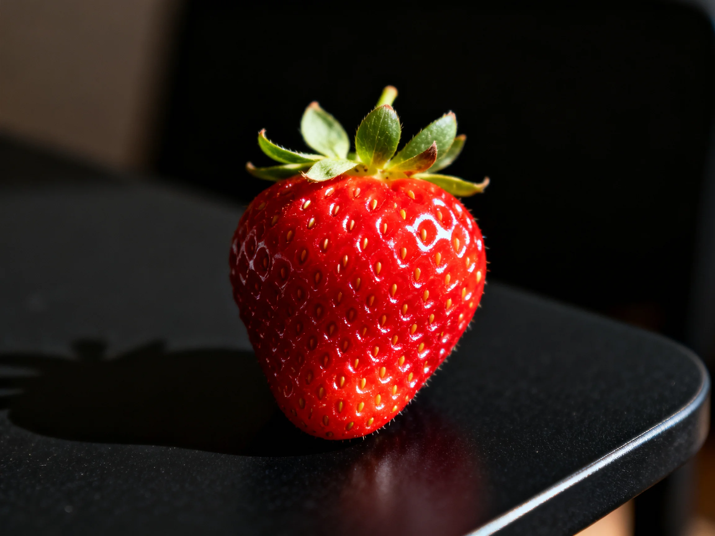 A vibrant red strawberry with green leaves sits atop a glossy black surface
