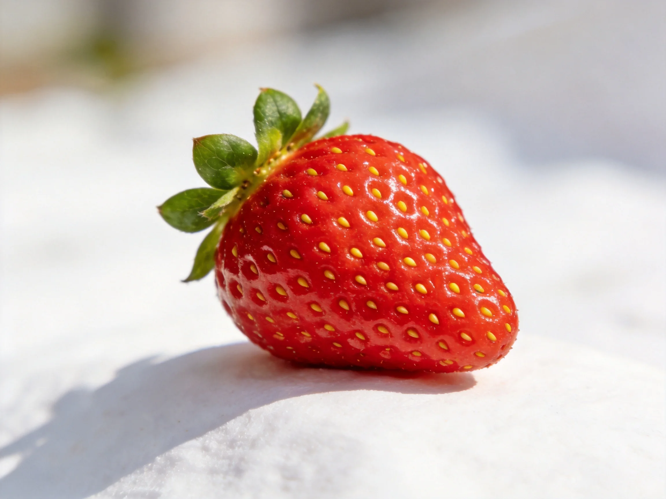 A vibrant red strawberry with yellow seeds on a white surface