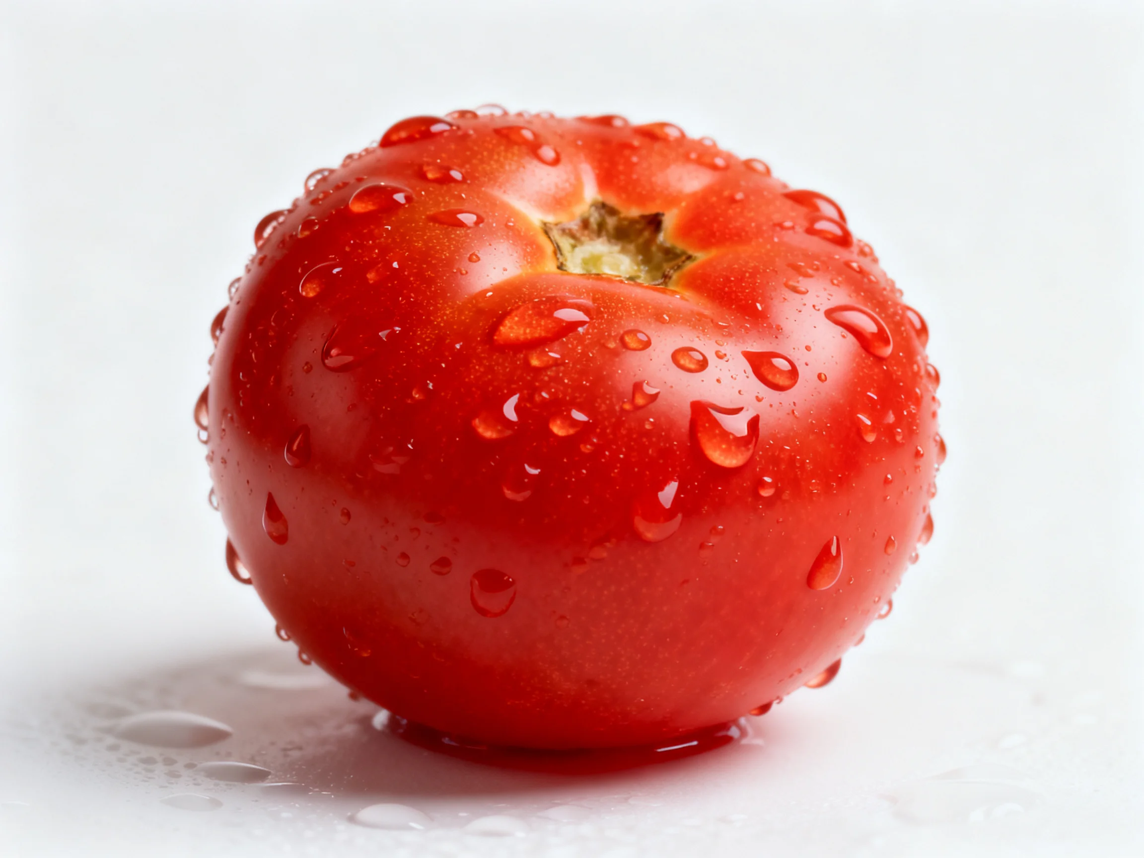 A vibrant red tomato covered in glistening water droplets