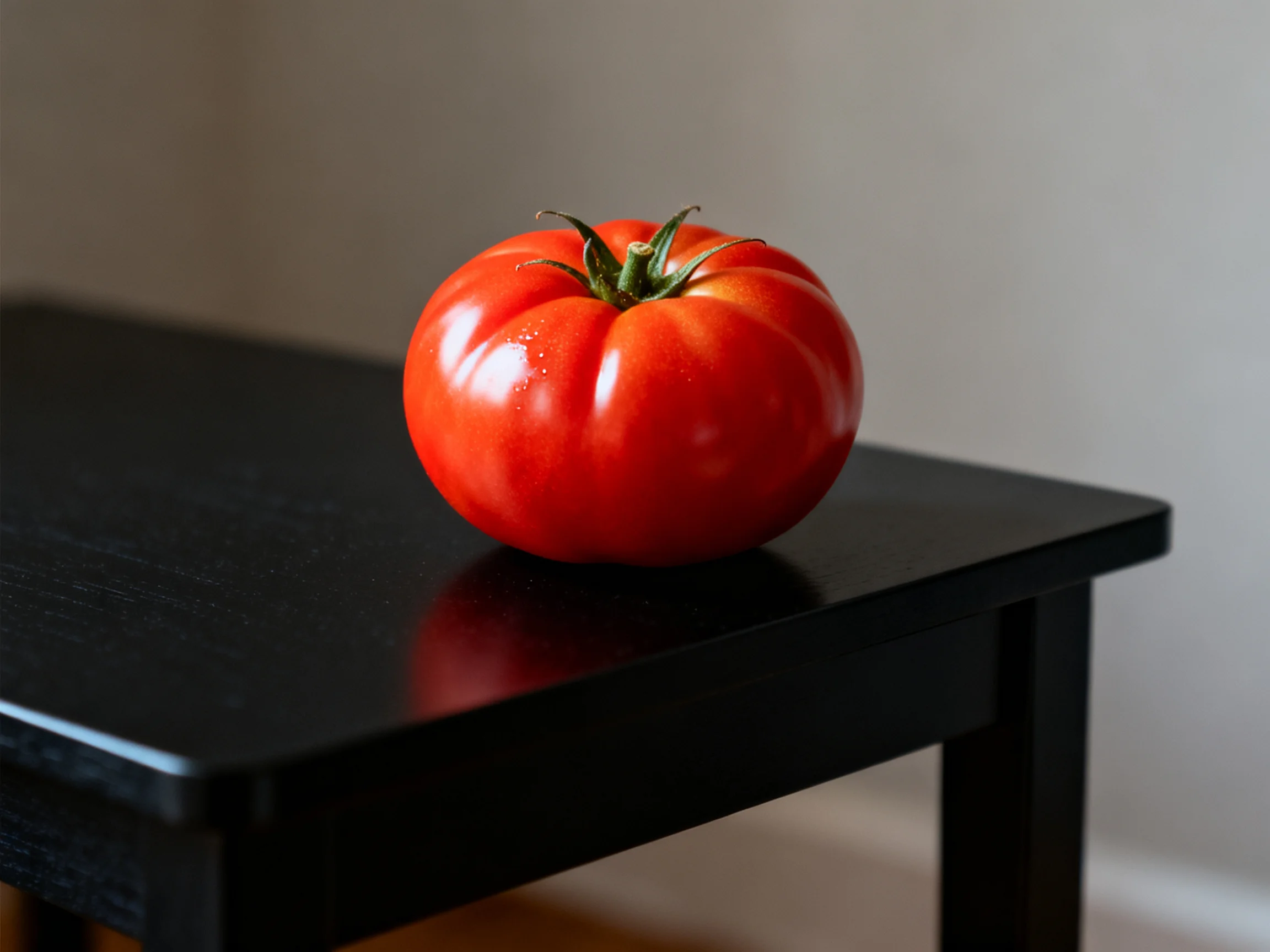 A vibrant red tomato rests atop a glossy black table