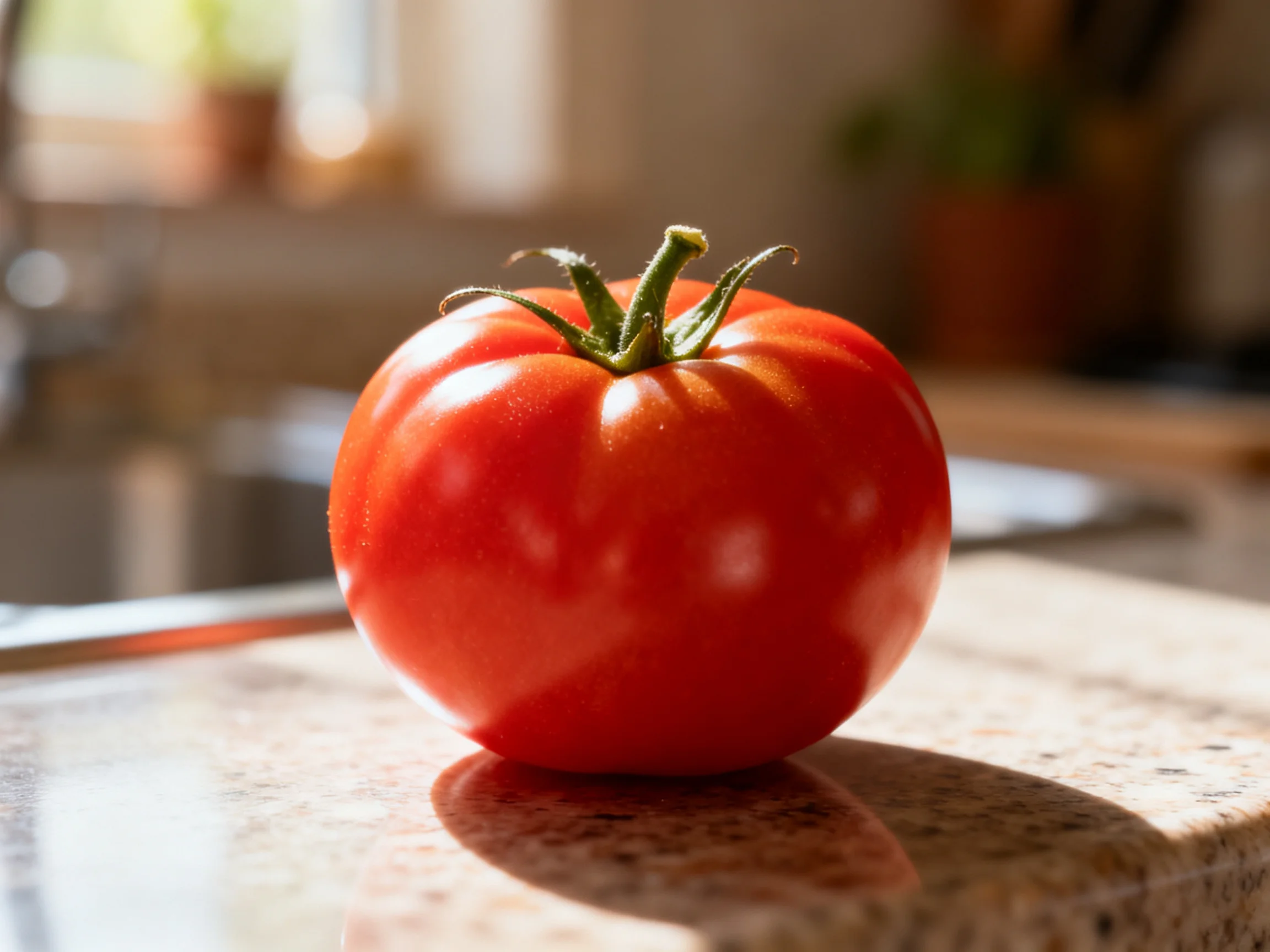A vibrant red tomato sits on a speckled countertop in natural light.