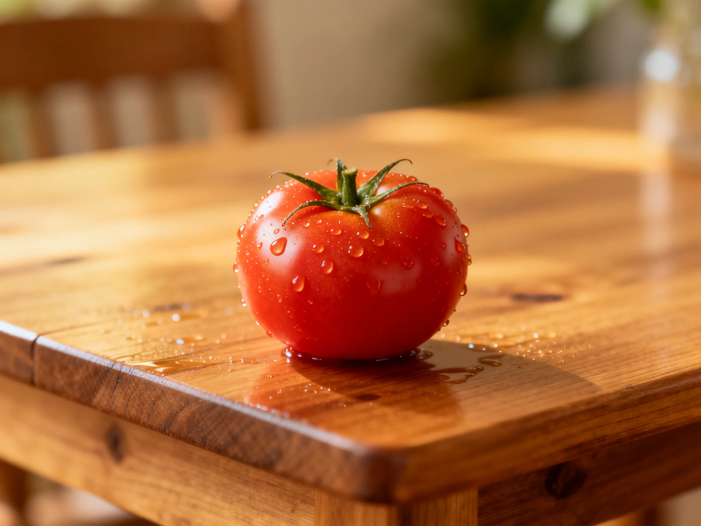 A vibrant red tomato with dew drops sits on a polished wooden table