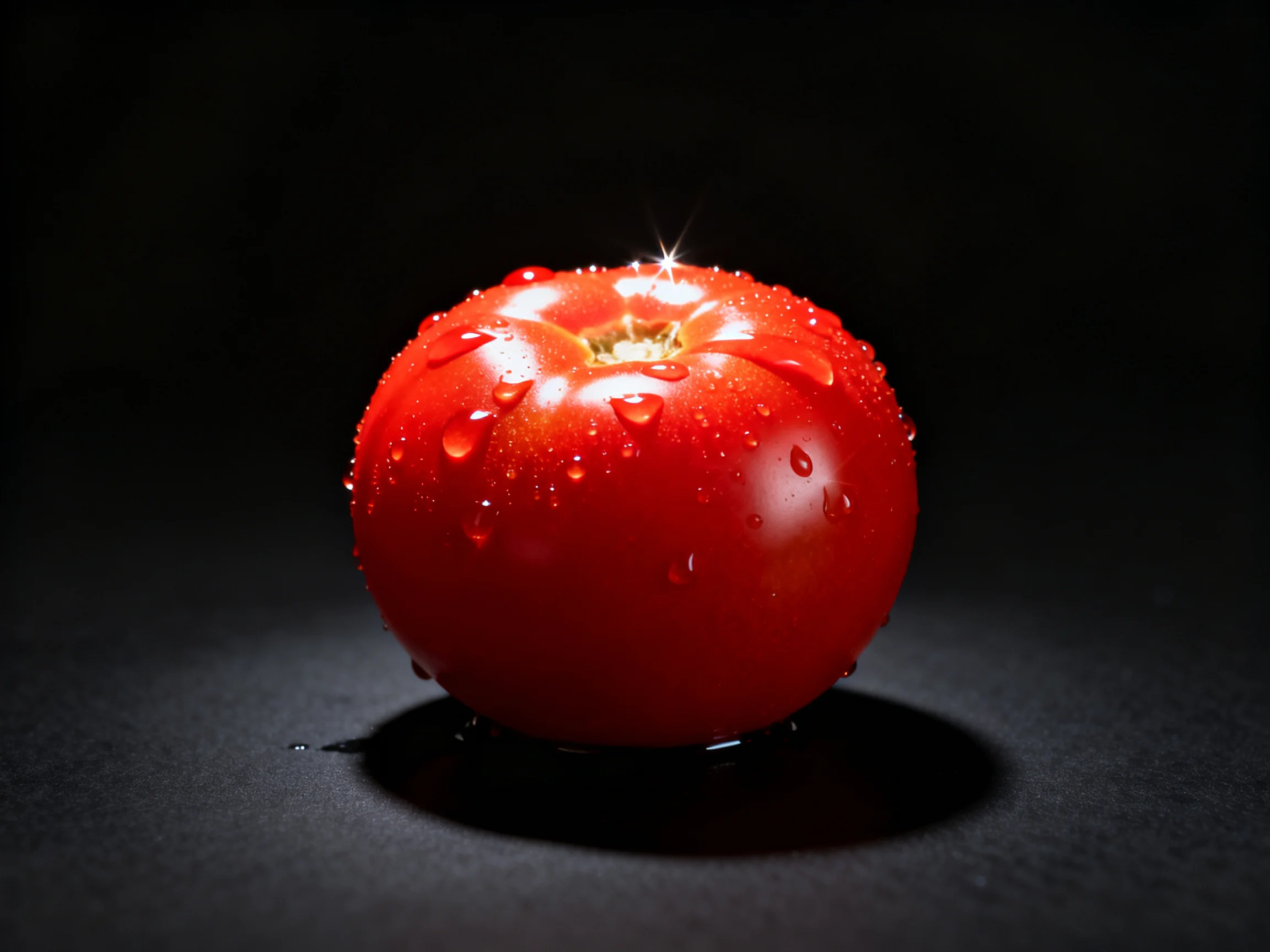 A vibrant red tomato with glistening water droplets against a dark backdrop