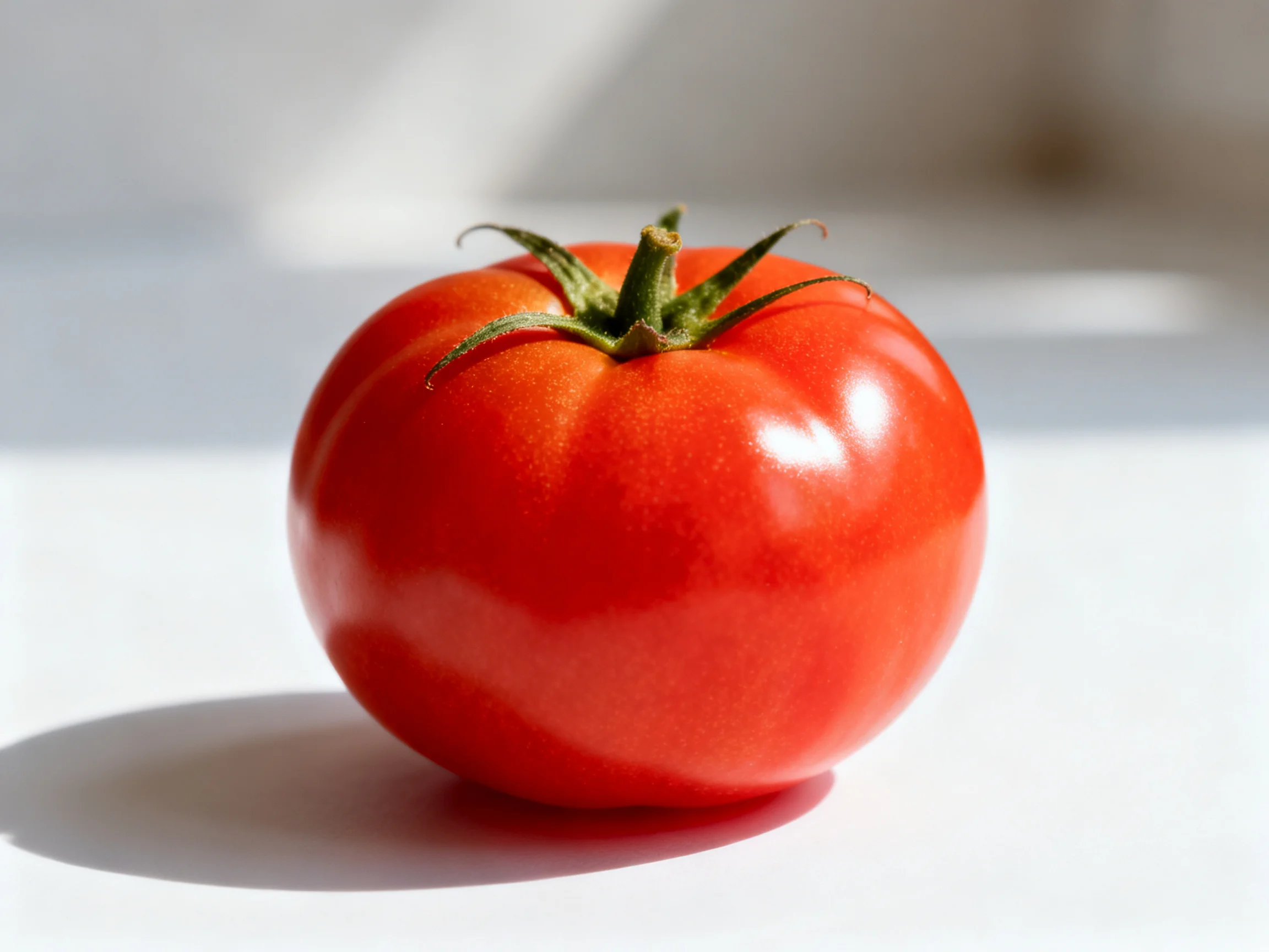 A vibrant red tomato with green stem on a white surface