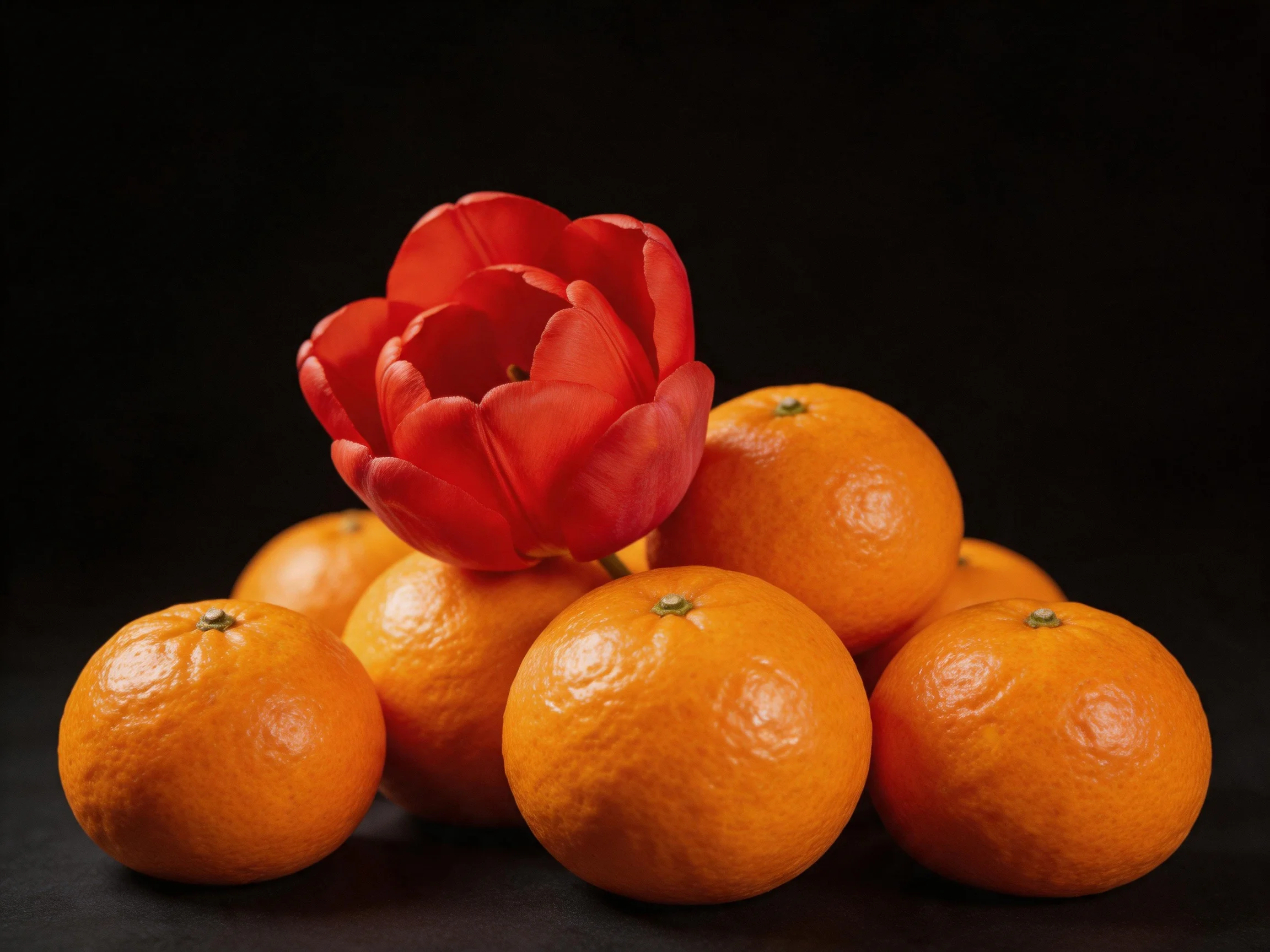 A vibrant red tulip rests atop a cluster of glossy orange citrus fruits