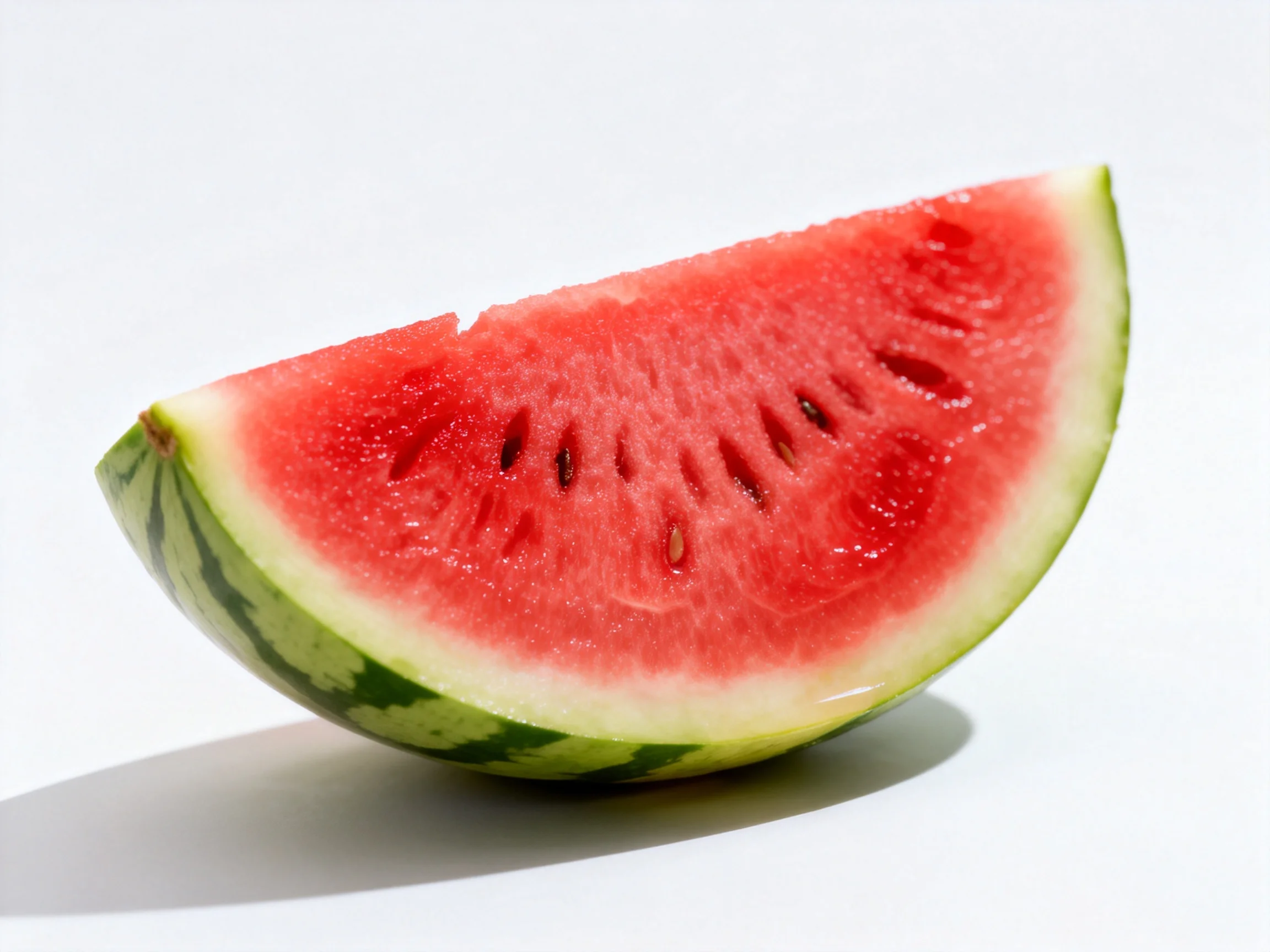 A vibrant red watermelon slice with green striped rind