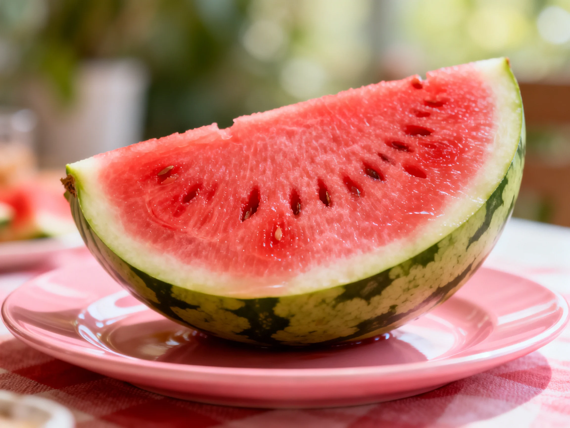 A vibrant red watermelon wedge on a pink plate
