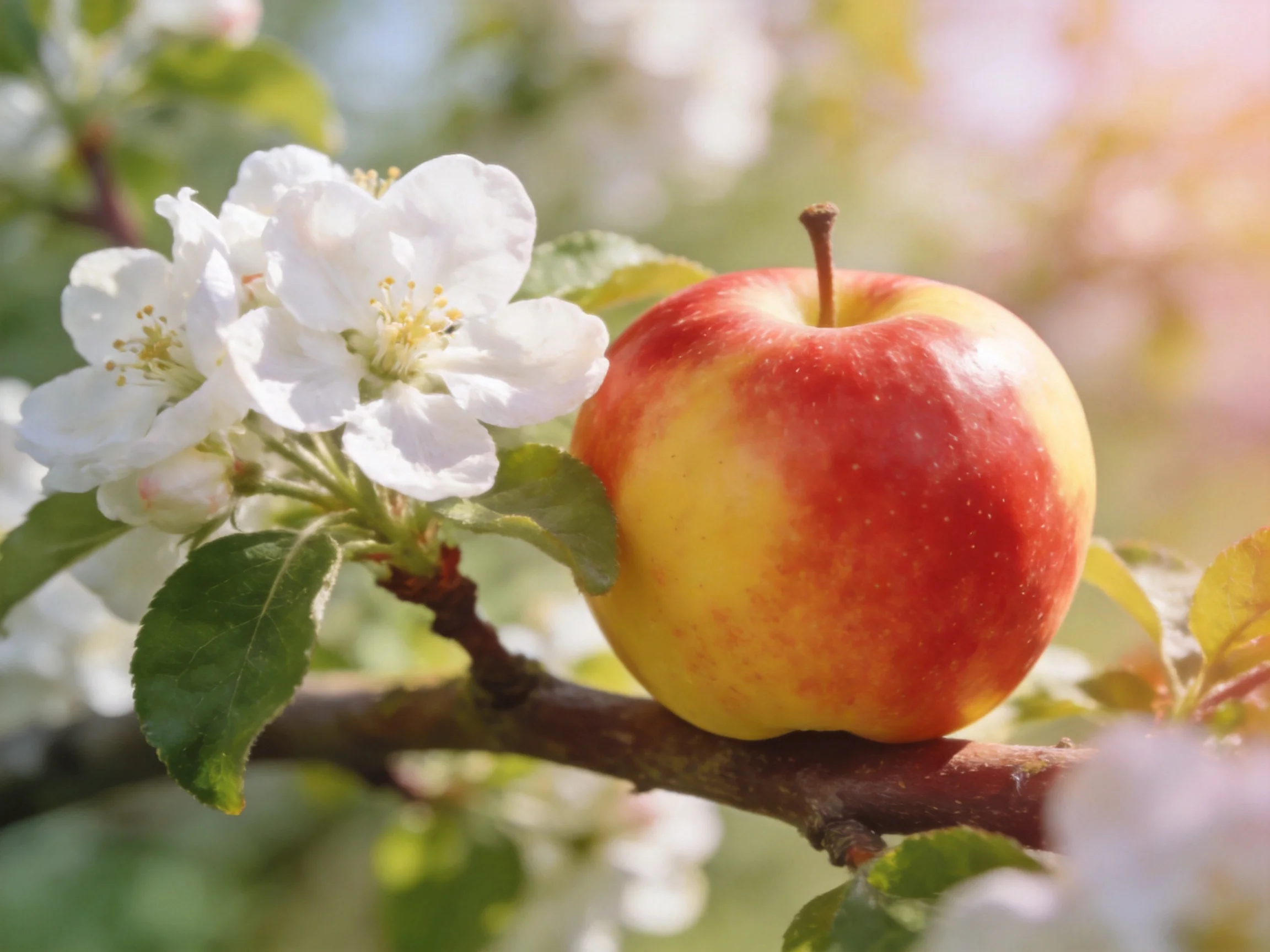 A vibrant red-yellow apple beside white blossoms on a tree branch