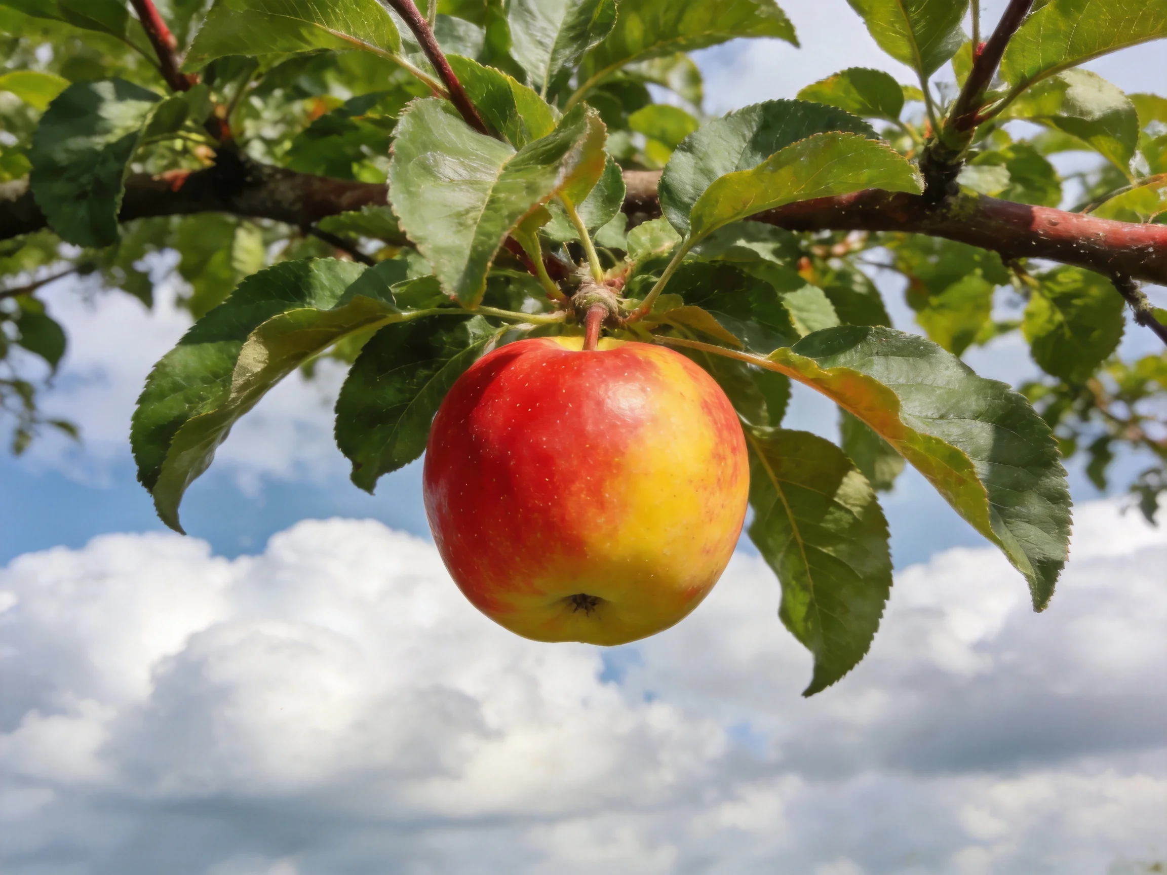 A vibrant red-yellow apple hangs from a leafy branch under a bright sky