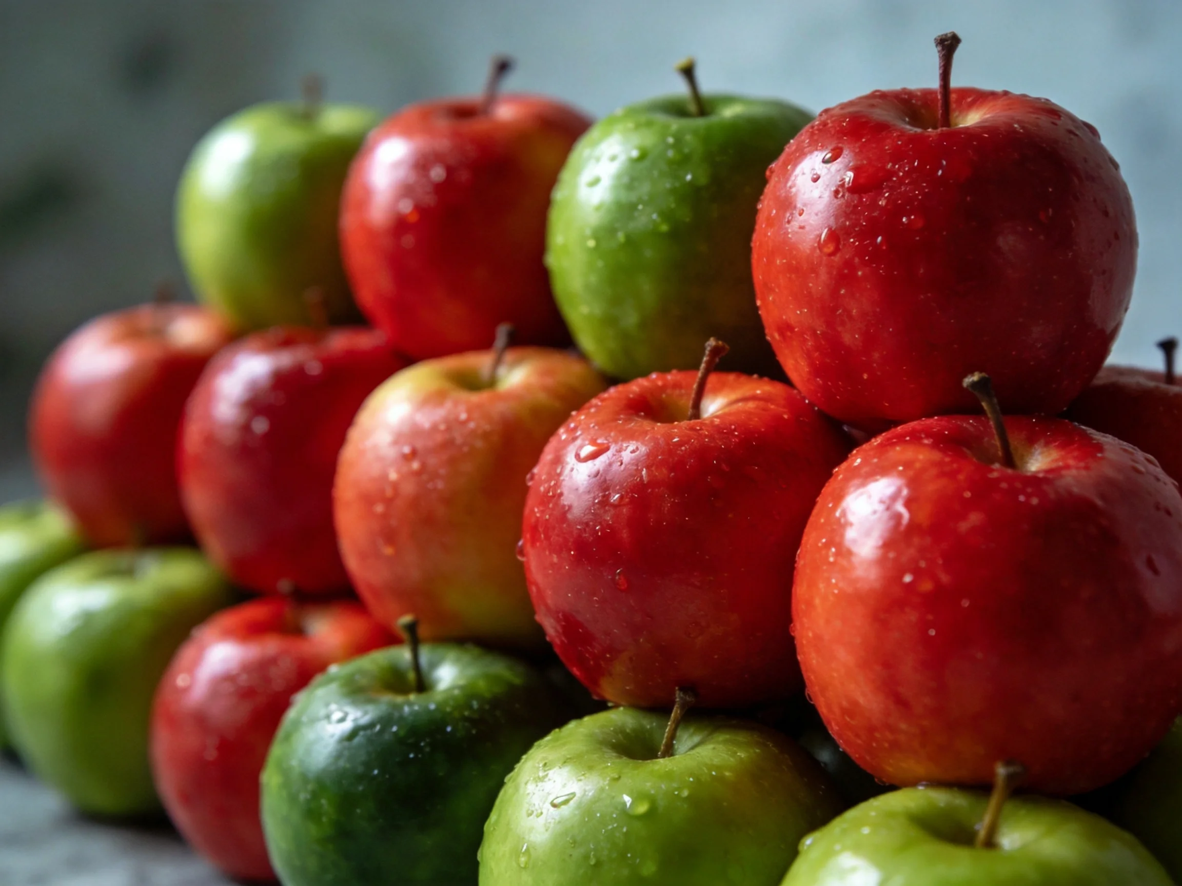 A vibrant stack of red, green, and yellow apples with water droplets