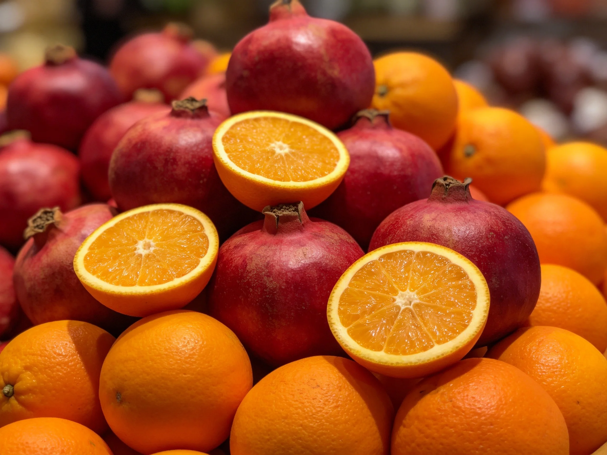 A vibrant stack of red pomegranates and orange citrus fruits