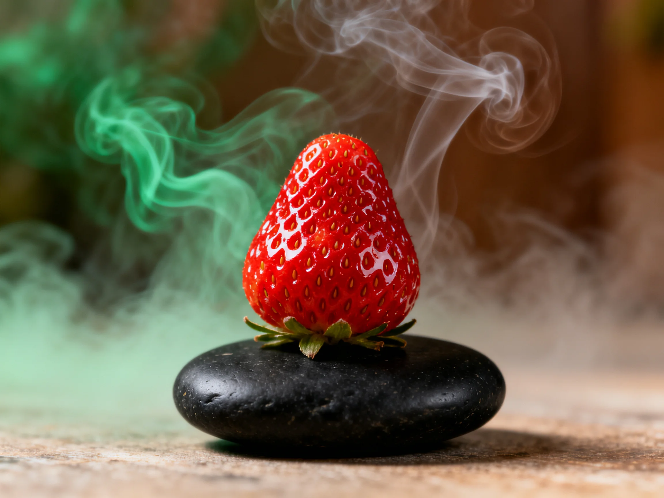 A vibrant strawberry atop a smooth black stone amid swirling green and white smoke