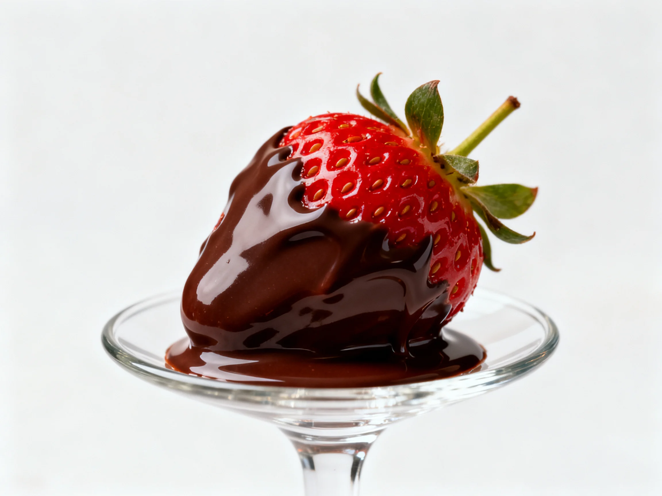 A vibrant strawberry coated in glossy chocolate on a glass dish