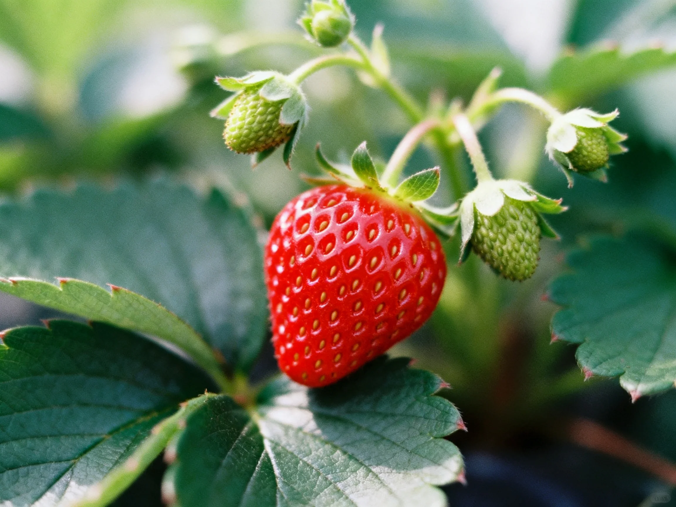 A vibrant strawberry plant with a glossy red berry and green buds