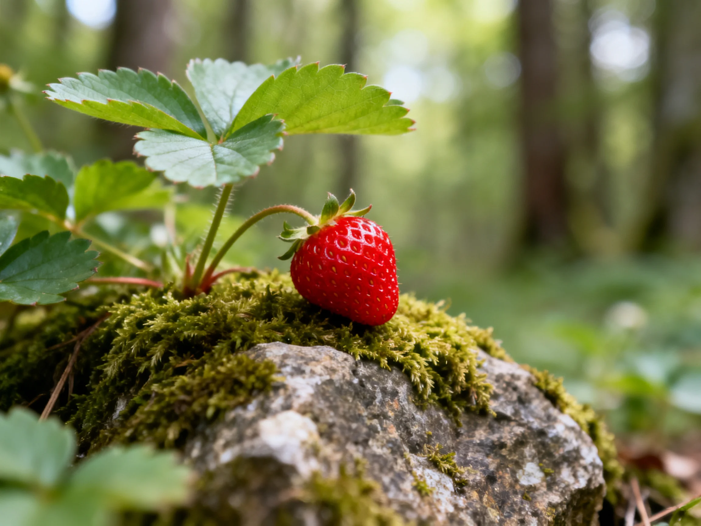 A vibrant strawberry rests on mossy rock in a sunlit forest clearing