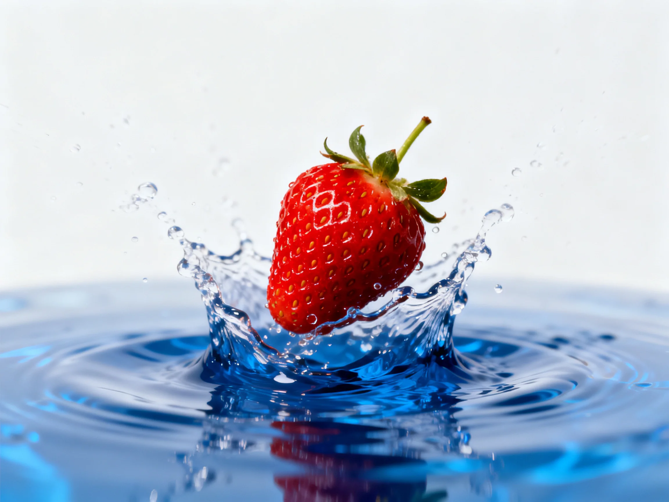 A vibrant strawberry splashes into clear blue water with dynamic motion