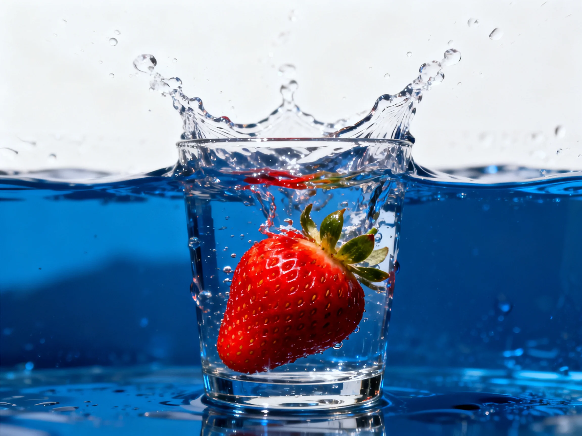 A vibrant strawberry splashing into blue liquid in a glass
