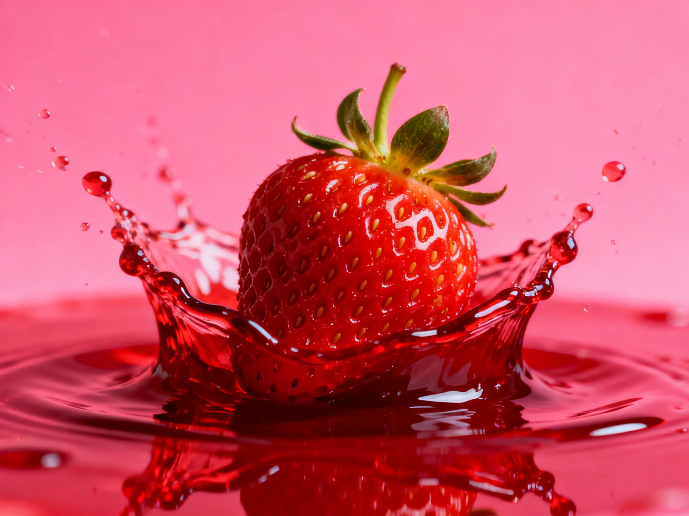 A vibrant strawberry splashing into crimson liquid with pink backdrop