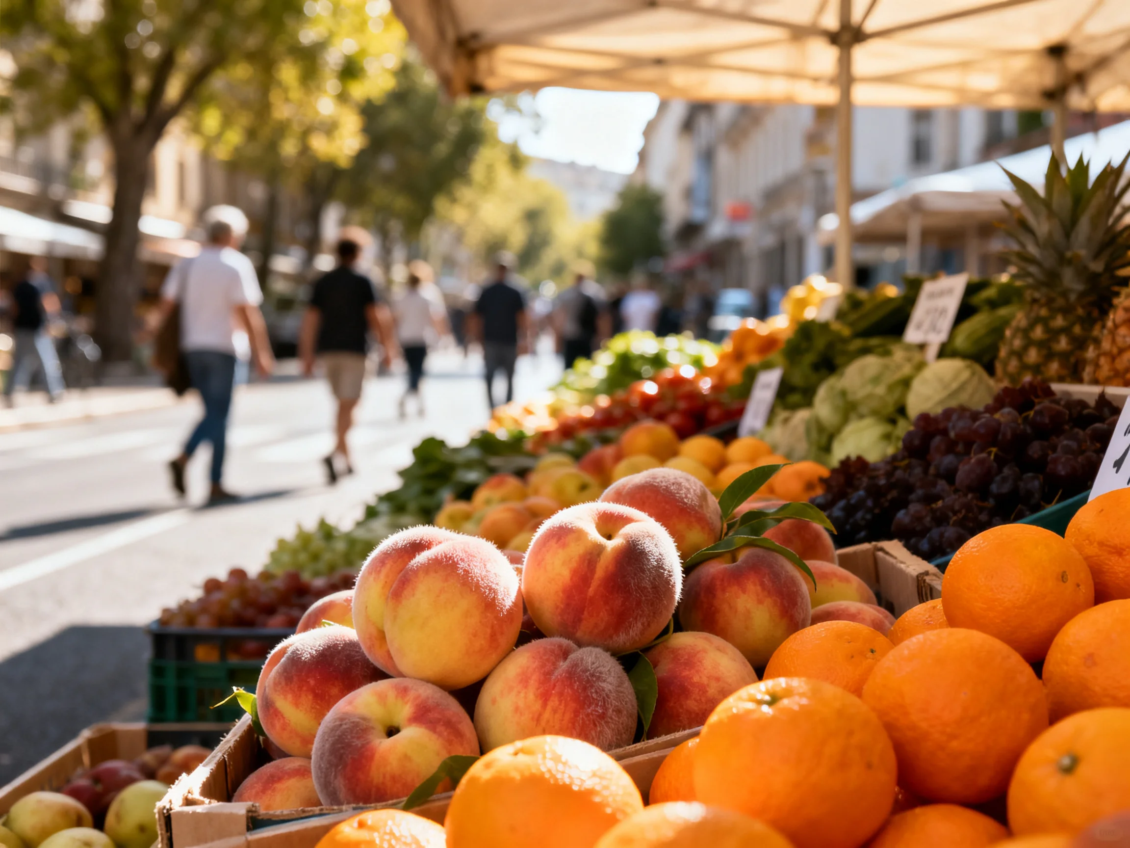 A vibrant street market showcases fresh peaches, oranges, and pineapples