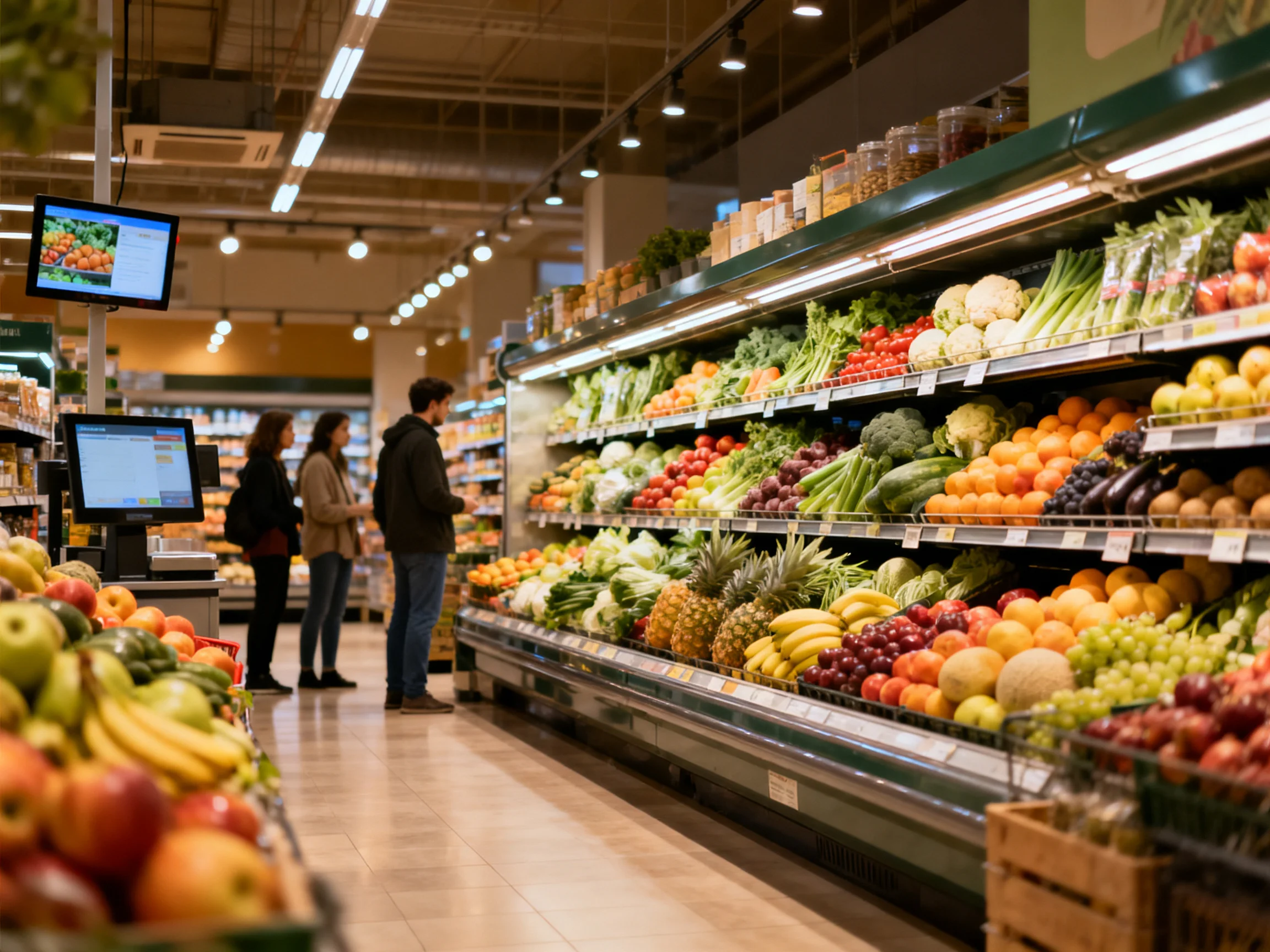 A vibrant supermarket produce aisle filled with colorful fruits and vegetables